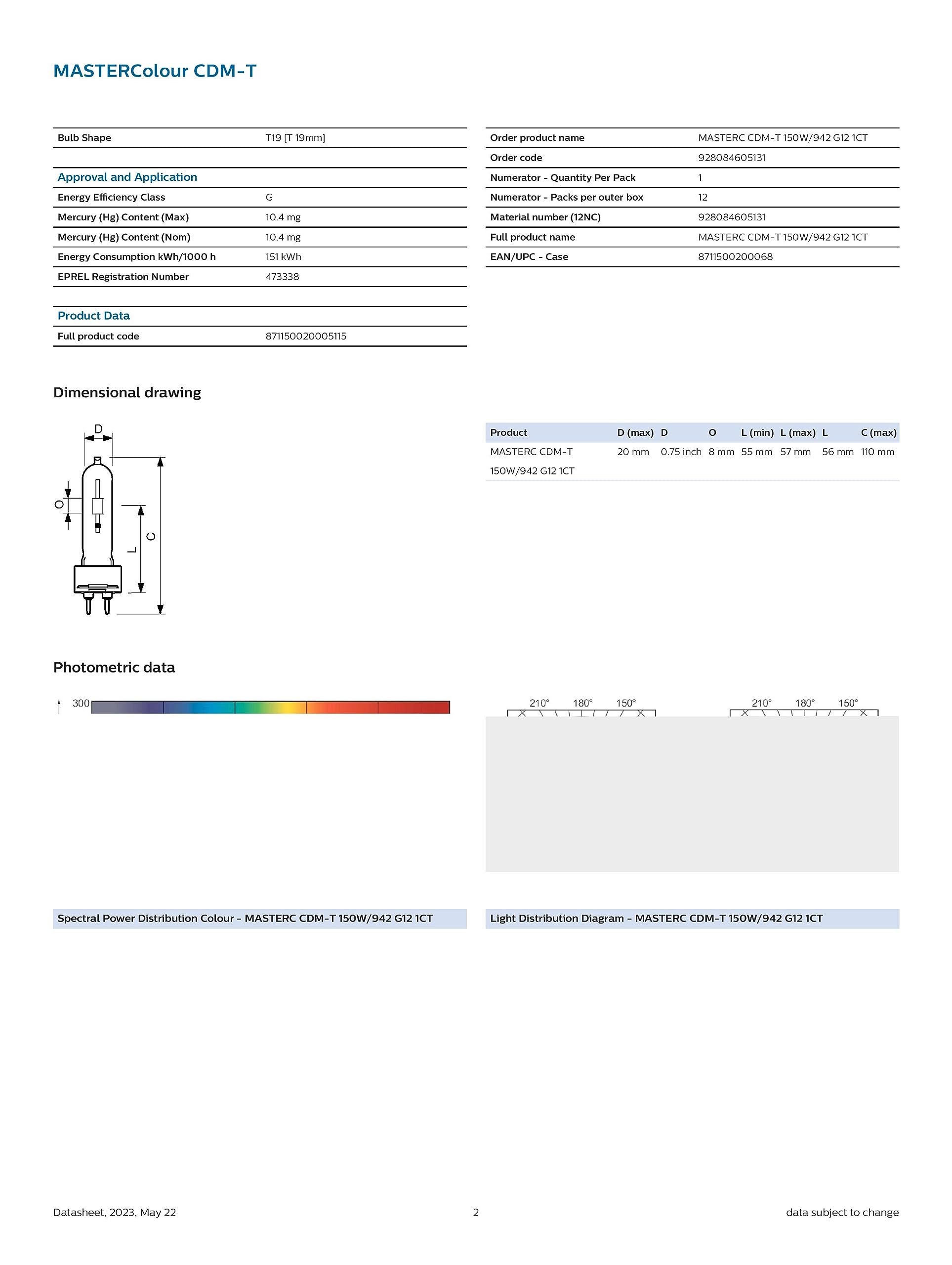Philips 942 G12 - Lampada alogena a vapore in metallo CDM-T 150 W