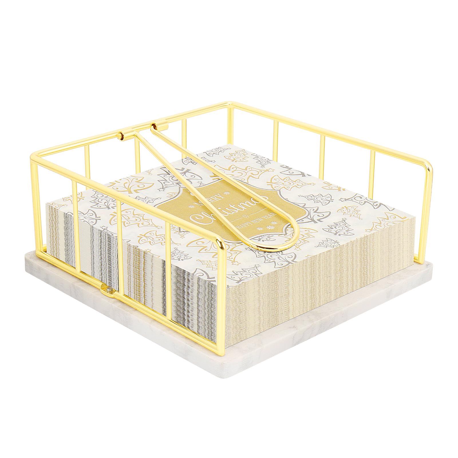 Livabber Servilletero plano con base de mármol, servilletero de cocina de metal con brazo de tensión pesado, dispensador de papel de seda rústico para encimera, mesa, cocina, comedor (dorado)