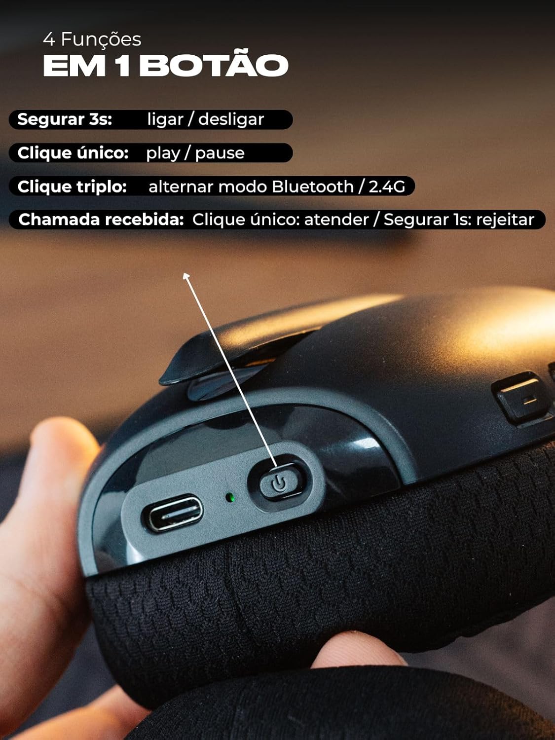 Close-up of headset earcup showing power button and its functions