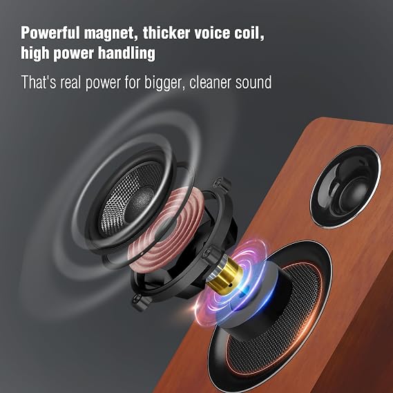 Active Bookshelf Speakers, 60W, Bluetooth 5.3, USB-C, AUX/RCA, Brown | A 3-inch carbon fiber woofer, 1-inch silk dome tweeter and wood cabinets. For PCs, turntables, TVs, gaming and music.