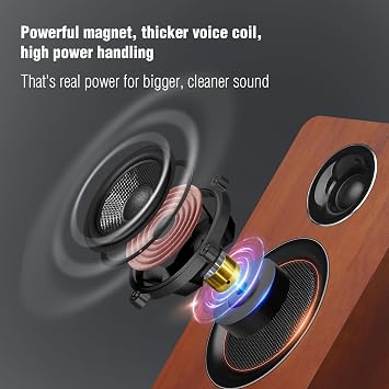 Active Bookshelf Speakers, 60W, Bluetooth 5.3, USB-C, AUX/RCA, Brown | A 3-inch carbon fiber woofer, 1-inch silk dome tweeter and wood cabinets. For PCs, turntables, TVs, gaming and music.