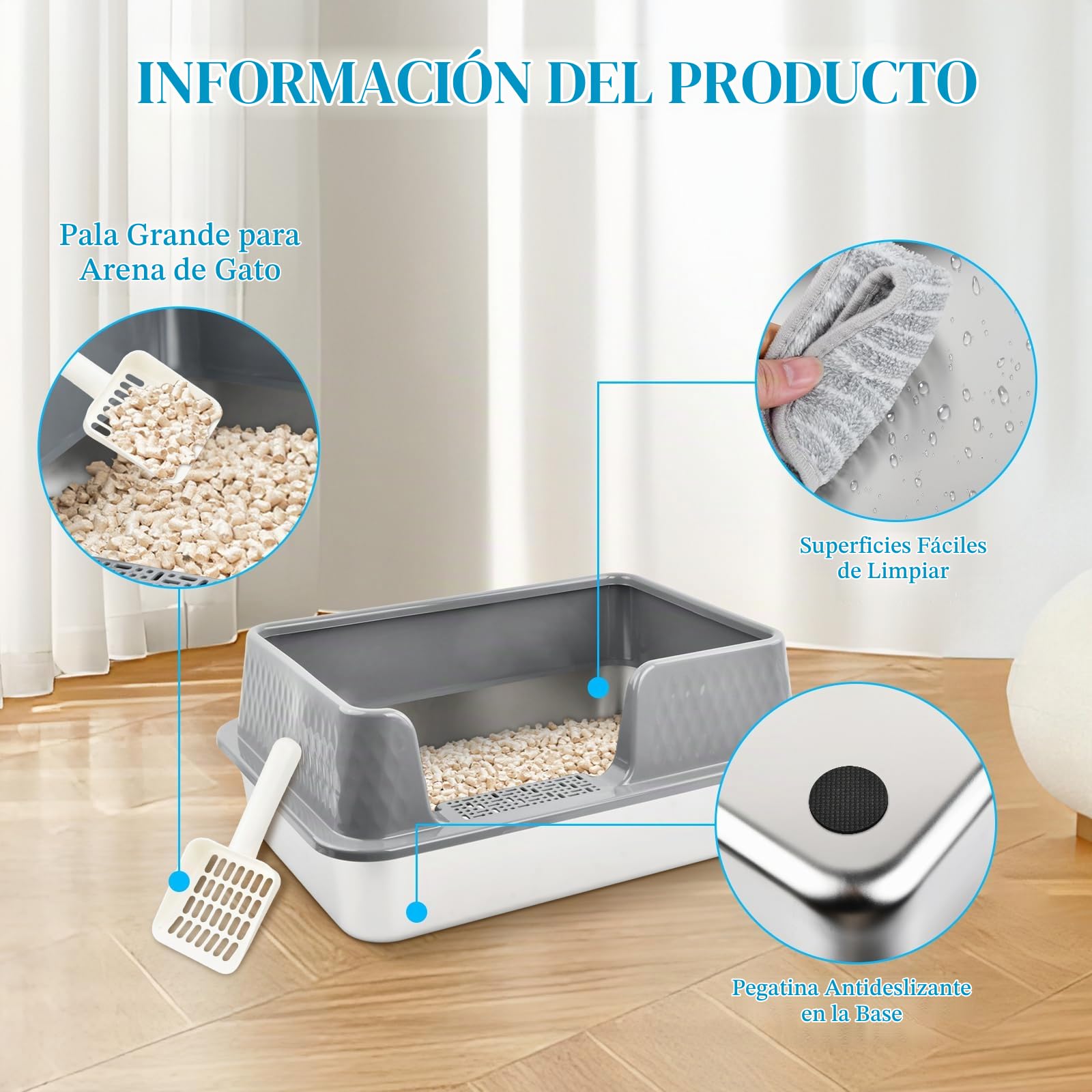 Arenero Acero Inoxidable Gatos, 50 x 35 x 20CM Arenero Gato Grande con Valla Desmontable eficaz contra Salpicaduras, Caja de Arena Gatos Abierta con Pala y paño de Limpieza Fácil de Limpiar, Gris