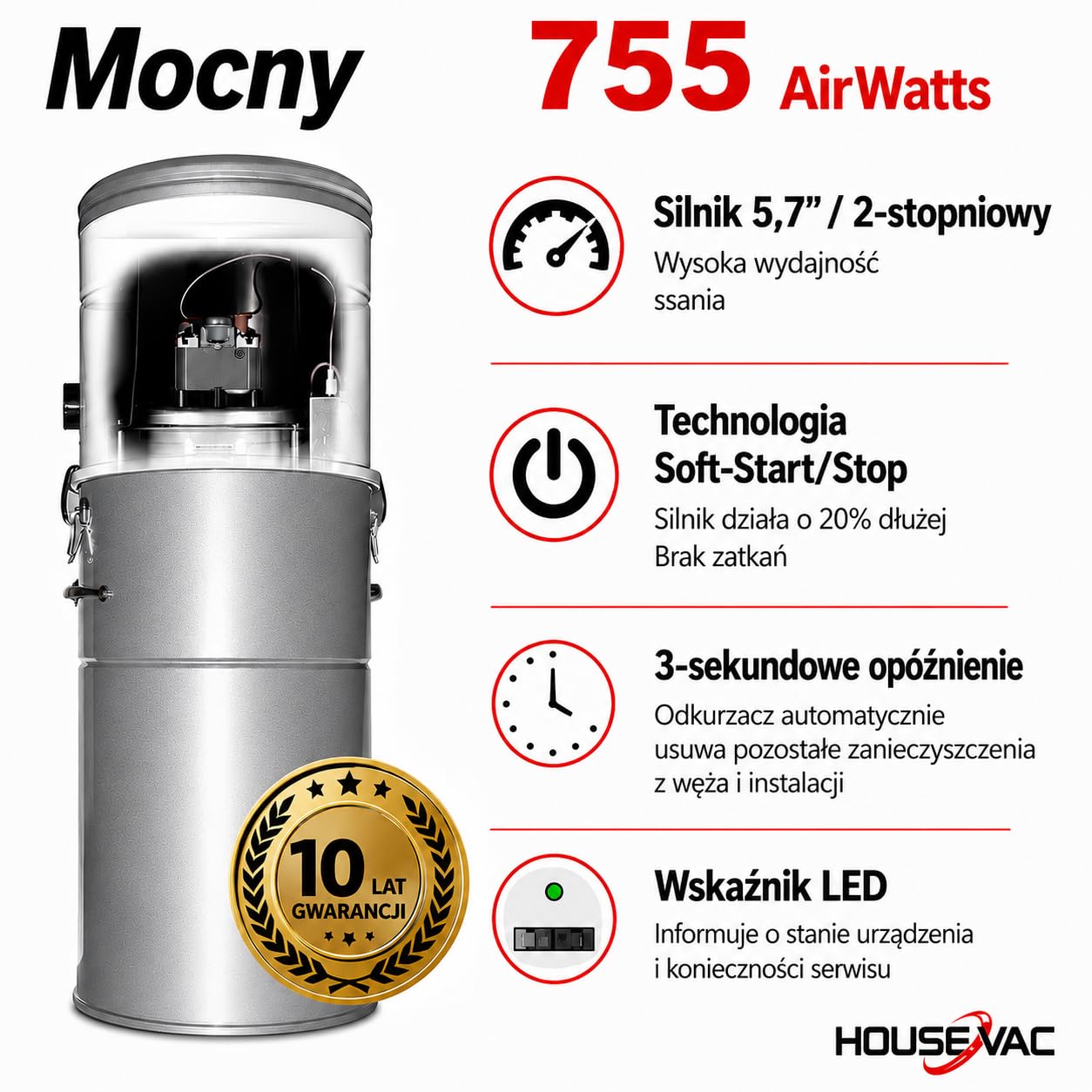 Odkurzacz centralny HV-755ST + zestaw akcesoriów do sprzątania Premium 9m | siła ssania 755 AirWatt | silnik Ametek 1700 W | 2 turbiny | Soft START/STOP| Hybrydowa Filtracja Cyklonowa