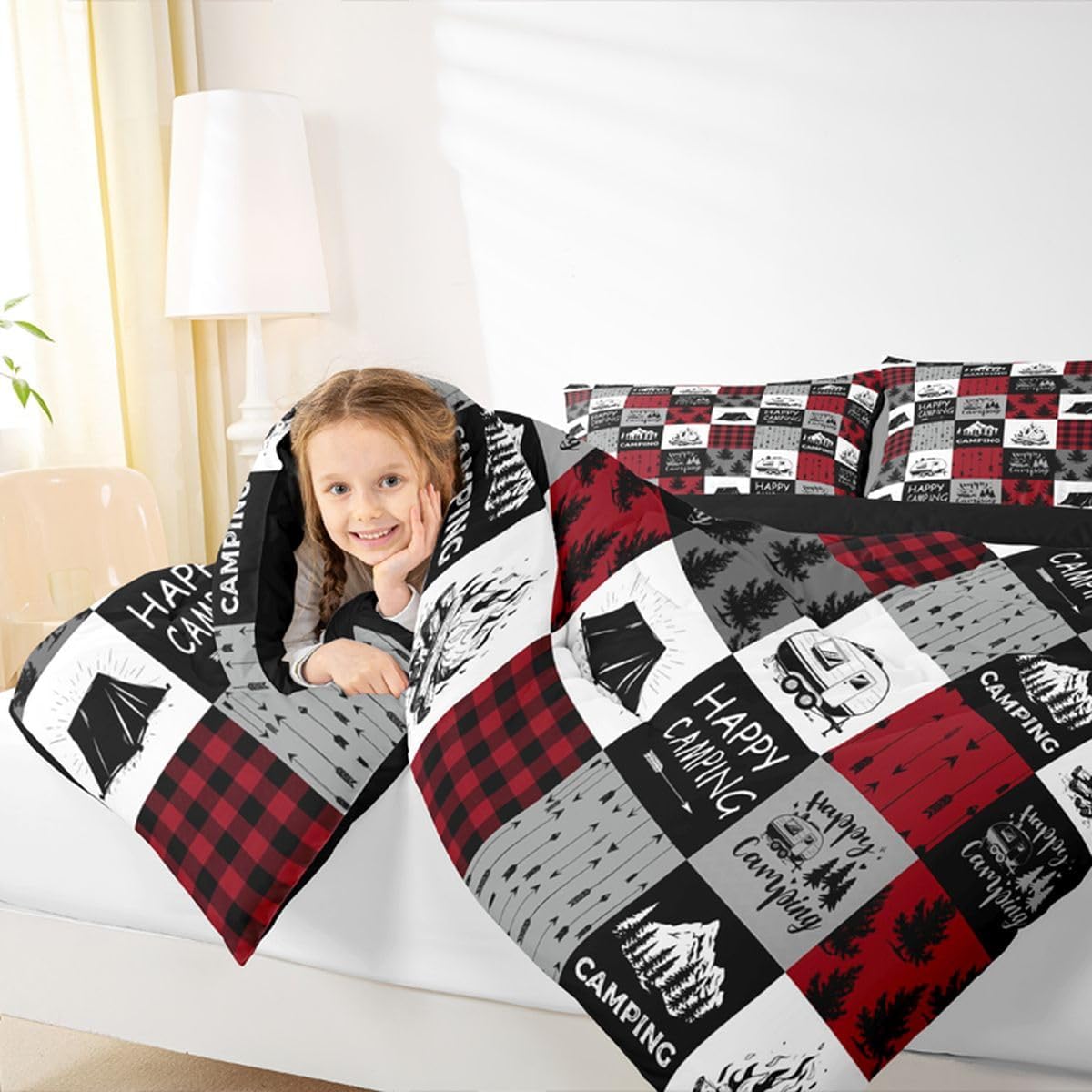 Erosebridal Happy Camping Down Comforter, Boys Rustic Camper Bedding Set Queen Size, Country Tent Bonfire Comforter Set for Kids Teens Adult, Geometric Checkered Farmhouse Bedding Comforters