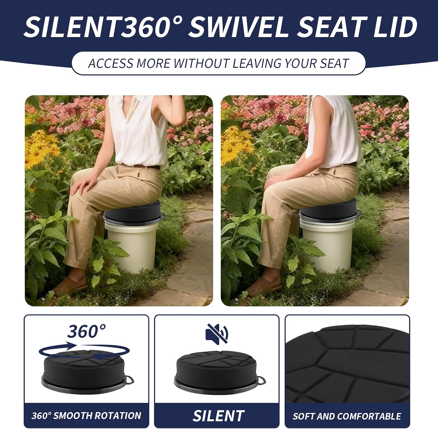 3-inch Thick seat 5 Gallon Bucket Seat with 3" Thick Seat Foam Cushion,360°Swivel Bucket Lid Seat,Silent Bucket Seats for Ice Fishing, Baseball, Gardening and Camping, Padded Memory Foam.