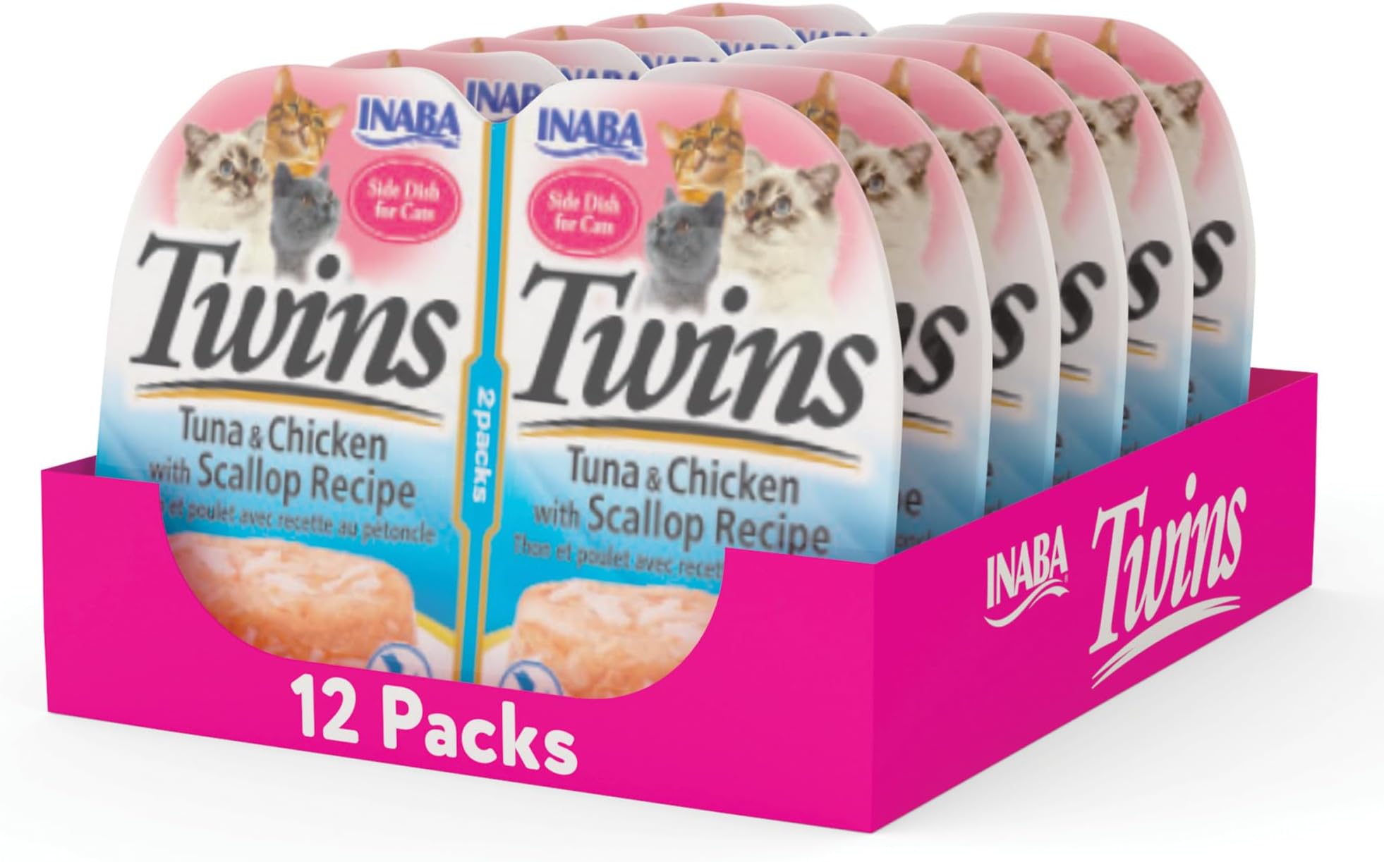 INABA Twins for Cats, Shredded Chicken & Broth Gelรฉe Side Dish/Topper Cups with Green Tea Extract, 1.23 Ounces per Serving, 12 Servings, Tuna & Chicken with Scallop Recipe