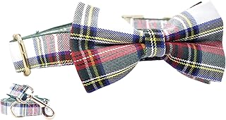Preppie Laws Bow Tie Dog Collar and Leash Set, White Red Plaid, Metal Hardware (L/XL)
