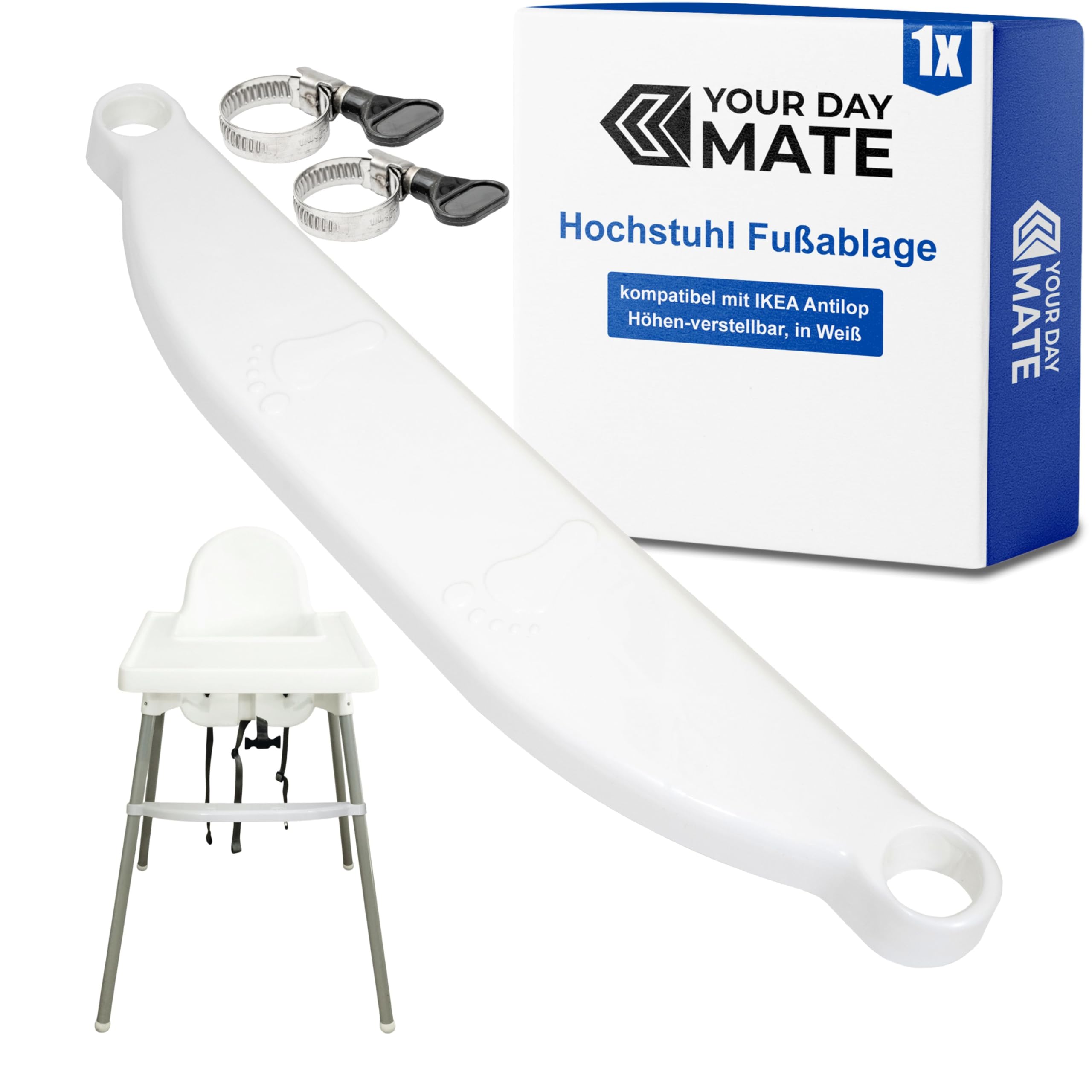 Hochstuhl Fußablage, 1 Set, in Weiß, kompatibel mit IKEA Antilop, Höhen-verstellbar mit Schellen Befestigung am Stuhlbein, Kinderhochstuhl Fußstütze, Sitzerhöhung Babyhochstuhl, Stuhl Kind Fussauflage