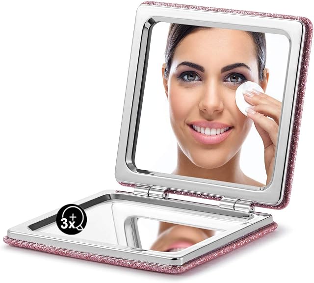 OMIRO Compact Makeup Mirror,1X/3X Magnifying Small Mirror with Glitter Pink PU Leather Cover,for Purse