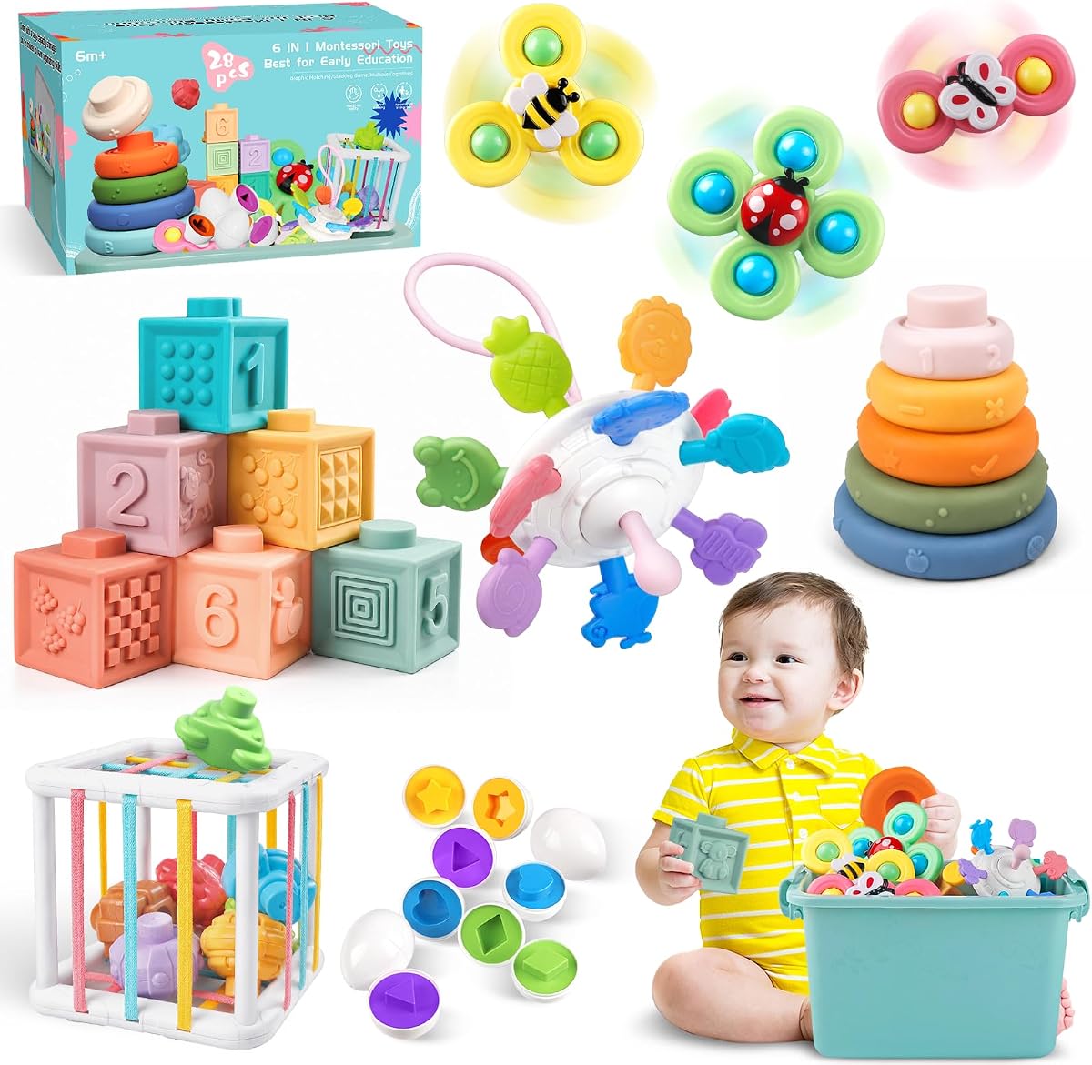 Plunack Montessori Baby Toys 6 in 1 Sensory Developmental Learning Set | Stacking Blocks, Rings, Pull String, Suction Cup Spinner, Matching Eggs & Sensory Bin, BPA-Free, Infant Developmental Skills