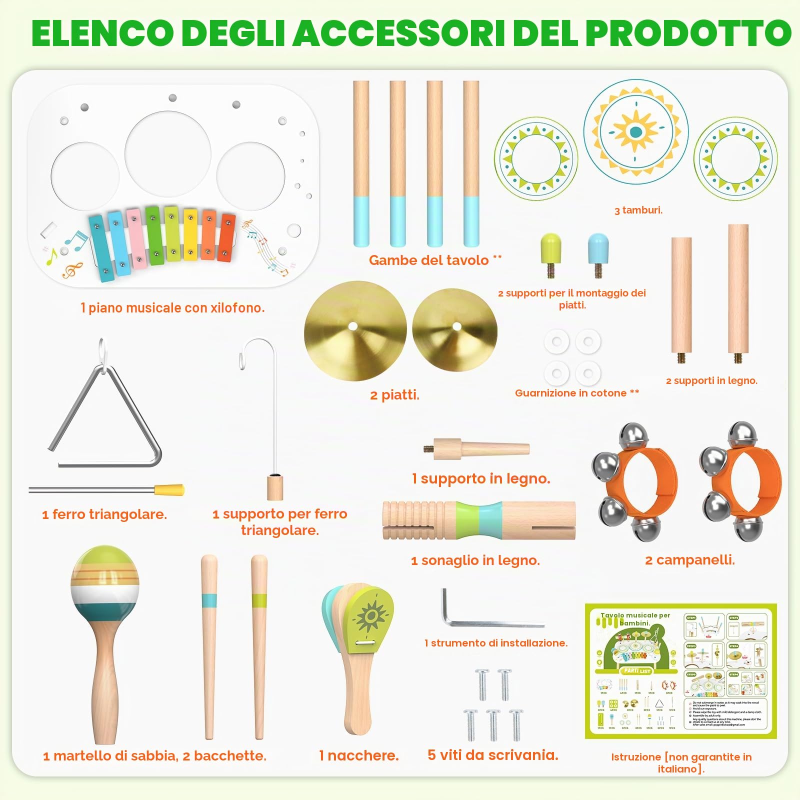 Batteria 12‑in‑1 Bambini 1‑3 Anni, Tavolo Strumenti Musicali Bambino, Giocattoli Legno Montessori con Xilofono, Bonghi, Piatto, Maracas & Campanelli da Polso, Regalo Bambino Bambina Bambina 1 2 3 Anni