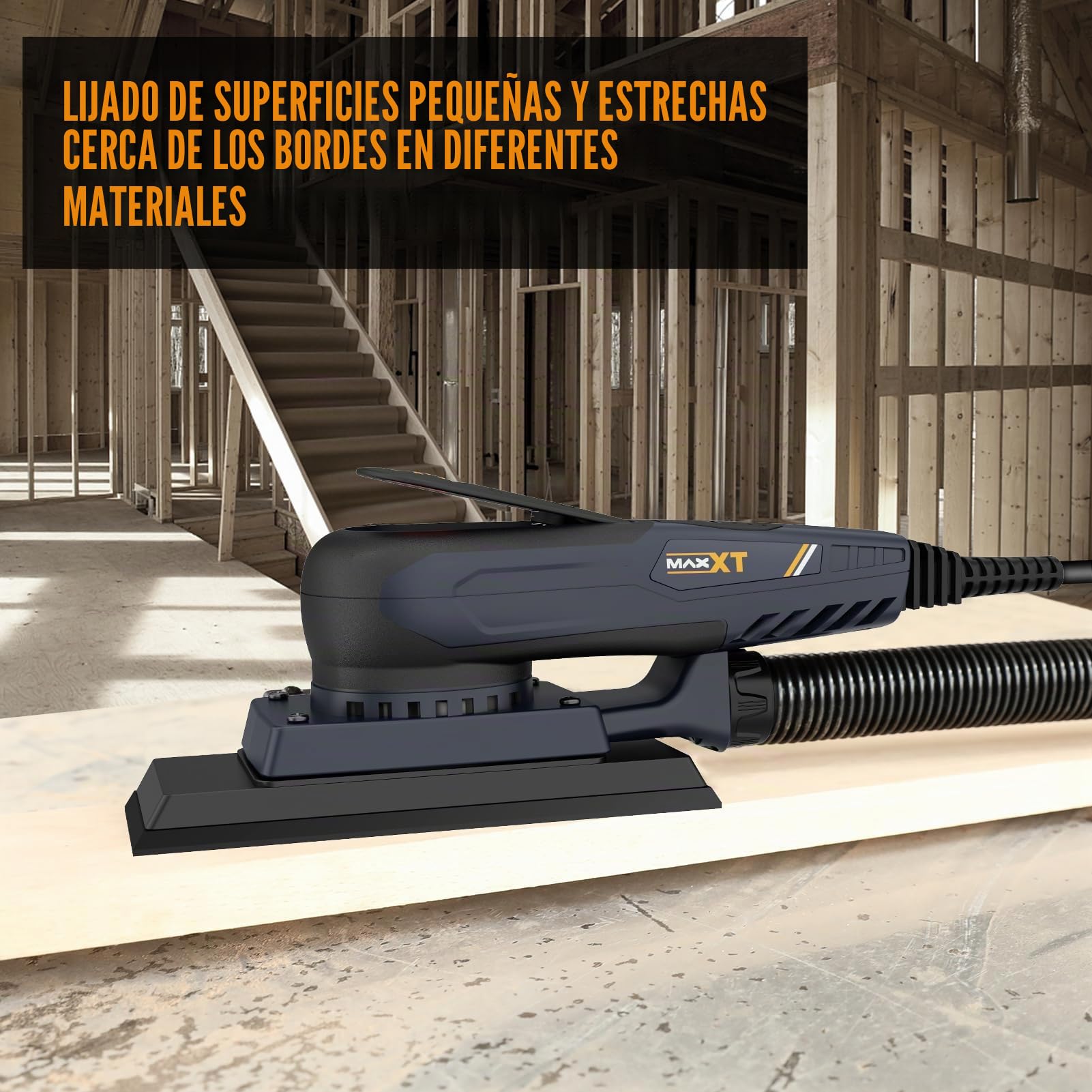 Lijadora orbital 3mm sin escobillas MAXXT, Lijadora electrica 350W velocidad ajustable-4000-10000/RPM, Freno automático-2s, Recolección automática polvo, superficie lijado(198 * 70mm)-10 papeles lija