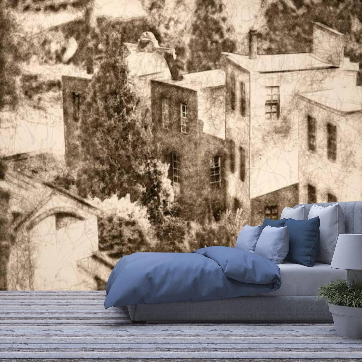 Affiches murales peel and stick paysage architectural rétro pour masquer un mur abîmé