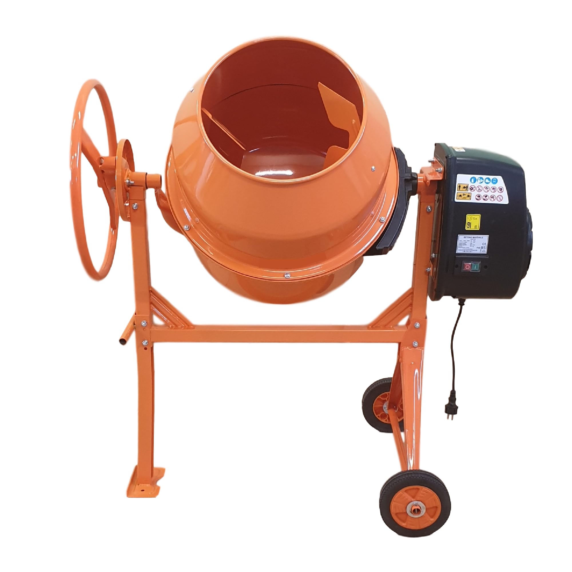 Betonmischer BAU140, 140L Trommel, 650W Motor, Orange, Stahlrahmen mit Metall-Zahnkranz, Kunststoffräder, Kipp-Handrad