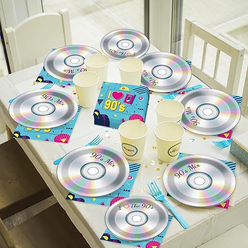 Miniatura 5 de Juego de 200 platos de fiesta de los años 90, servilletas de mezcla de CD de los 90 para decoración de fiestas temáticas retro de los 90, platos de