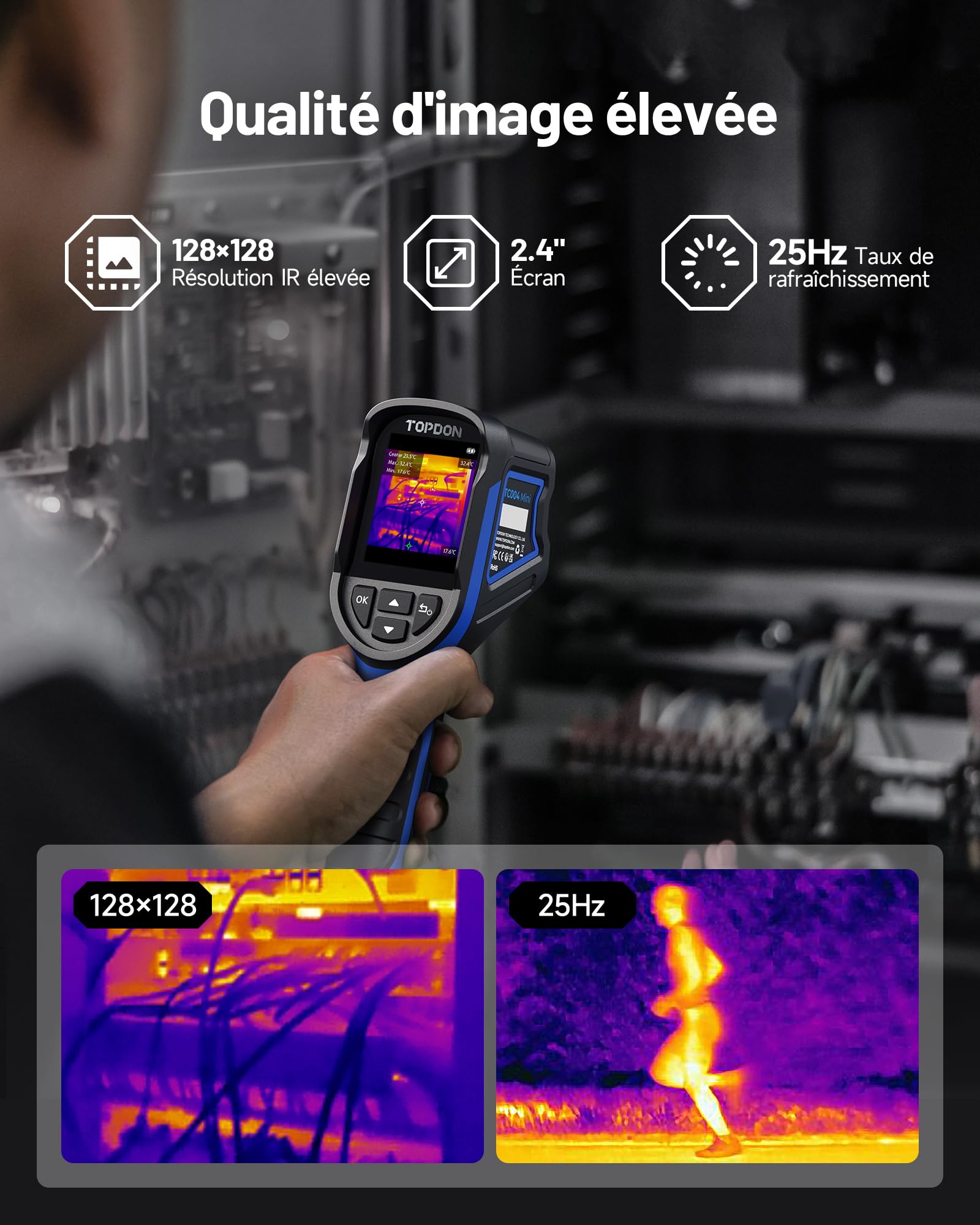 TOPDON Caméra thermique TC004 Mini, Résolution IR 240x240, 15 Heures d'Autonomie, -20°C à 450°C, 25Hz, Alertes de Température Auto, pour l'entretien de la maison, l'inspection des fuites, CVC