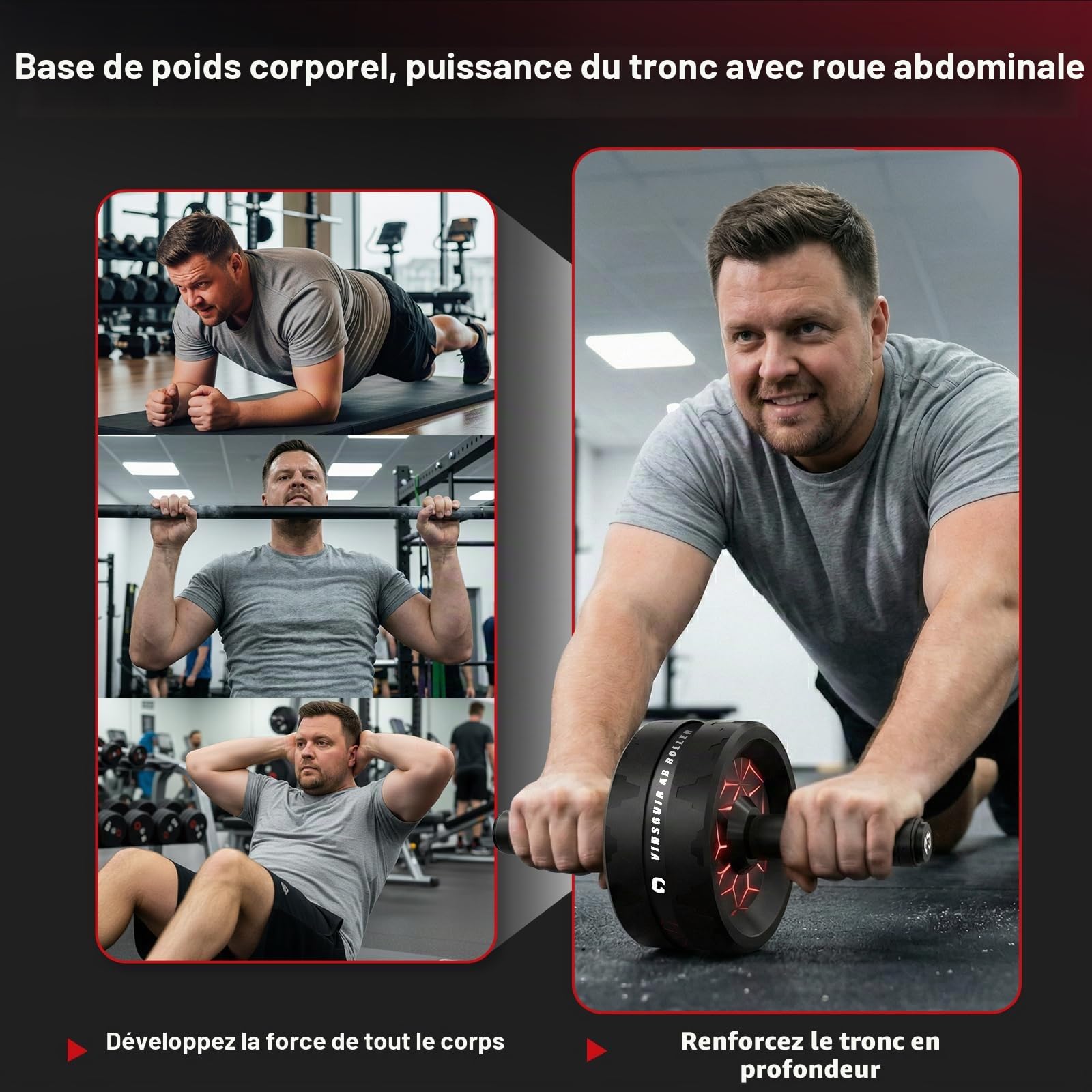 Vinsguir Ab Roue abdominale pour exercices à la maison, noir/rouge