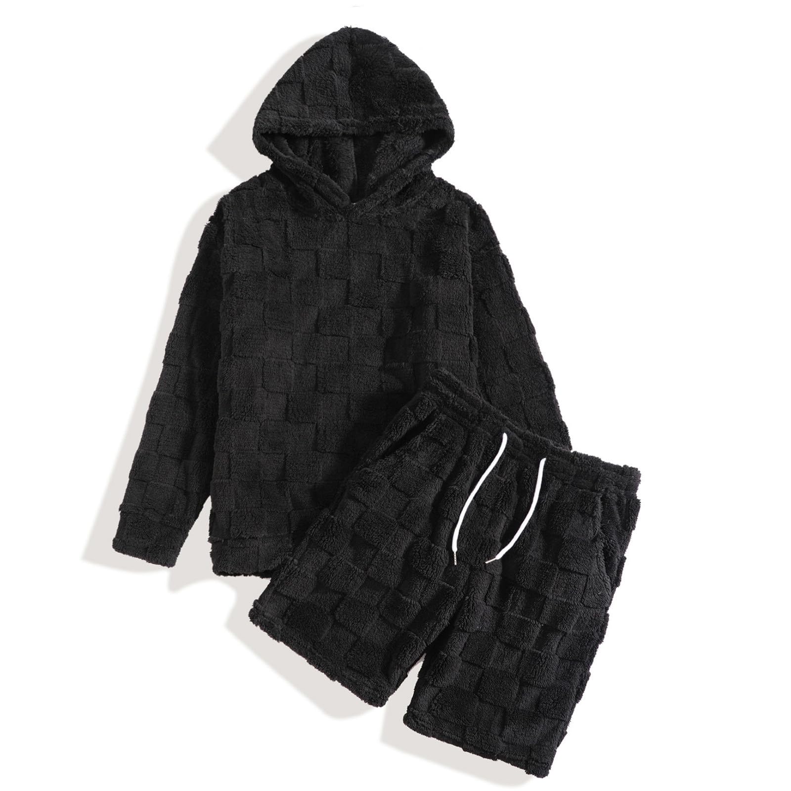 Generisch Fleece Herren Pyjama Anzug Warm und Bequem Hausanzug 2-teiliger Freizeitanzug mit Kapuzen Sweatshirt Hose Winter Dicke Schlafanzug Plüsch Zweiteiliger Schlafanzüge Flauschiger Set