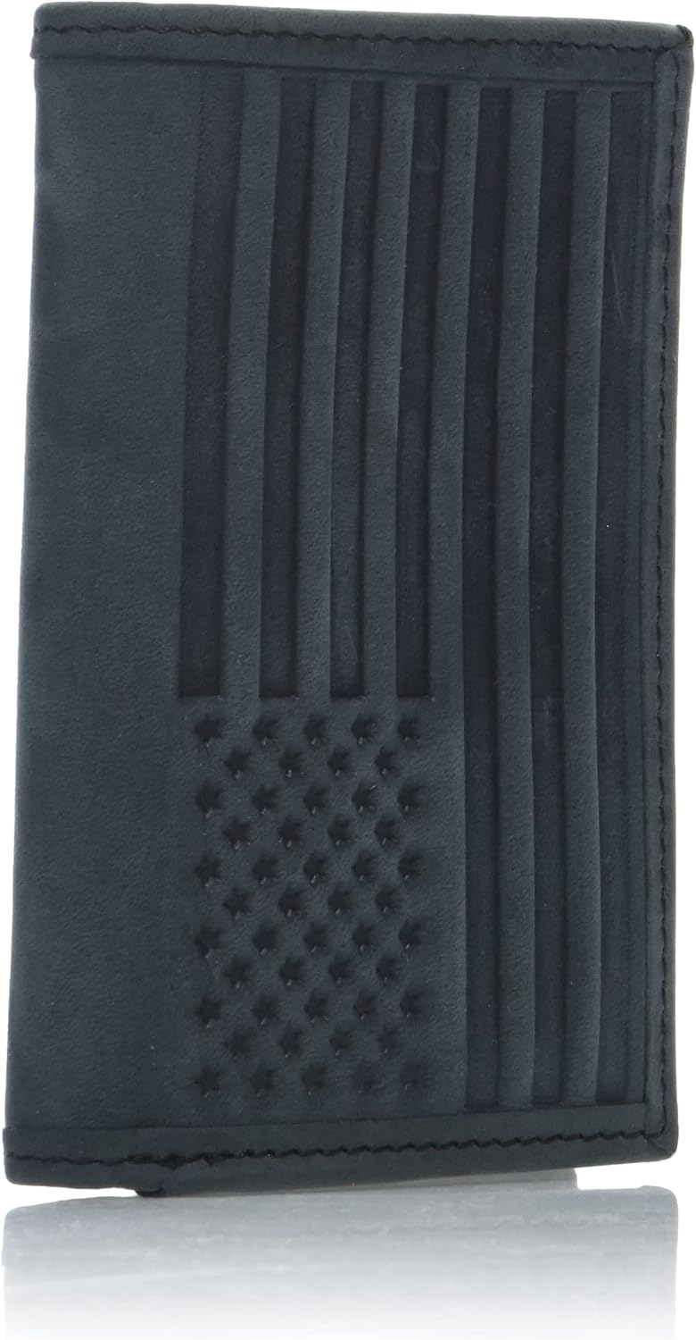 Lucky Brand American Flag Embossed Leather Trifold Wallet for Men with RFID Blocking, Black