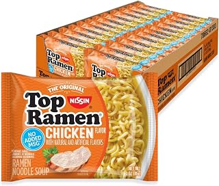 Nissin Top Ramen Chicken Flavor Instant Noodle Soup, 3oz Packs (24 Count) - Original No Added MSG Ramen