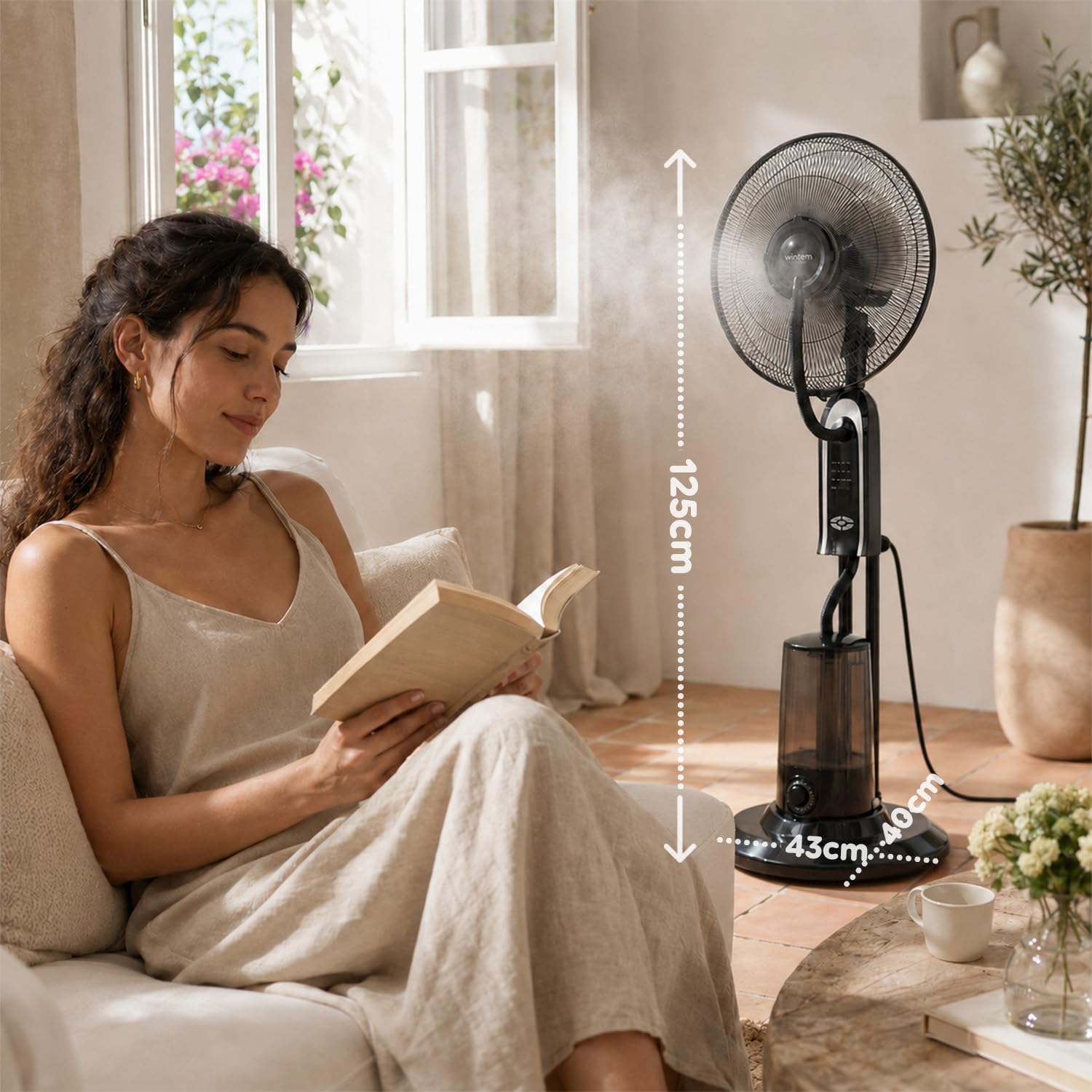 Wintem - Ventilatore a Piantana Silenzioso con Nebulizzatore e Telecomando – Serbatoio 3,2L, 8h Nebulizzazione – 3 Velocità, 3 Modalità Brezza, Oscillante, Timer 7,5h – 75W, Pale 40 cm
