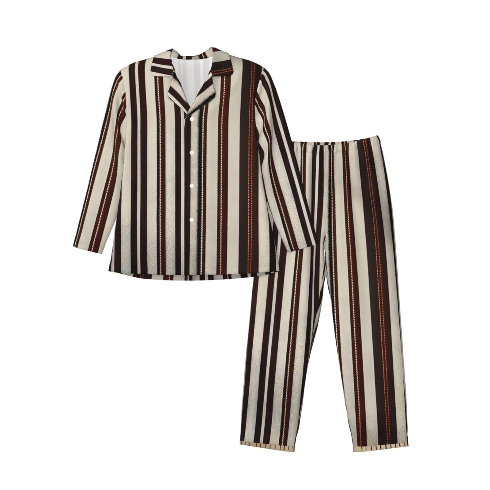 Herren-Pyjama-Set, langärmelig, gestreift, zweiteilig, bequem, Nachtwäsche, Braun