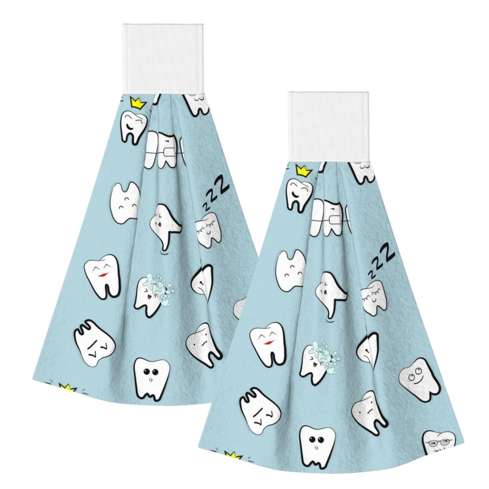 DOPKLNA Teeth Pattern Tooth Dental Cartoon, 2 Pcs Hanging Coral Fiber Hand Towels for Bathroom, Absorbent Kitchen Towels