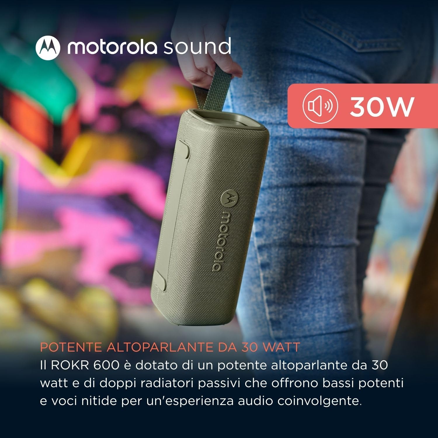 Motorola Sound - Altoparlante Bluetooth wireless ROKR 600 - Suono potente da 30 W, resistente all'acqua e polvere, funzione broadcast per collegare oltre 20 altoparlanti, 6 ore di riproduzione, verde