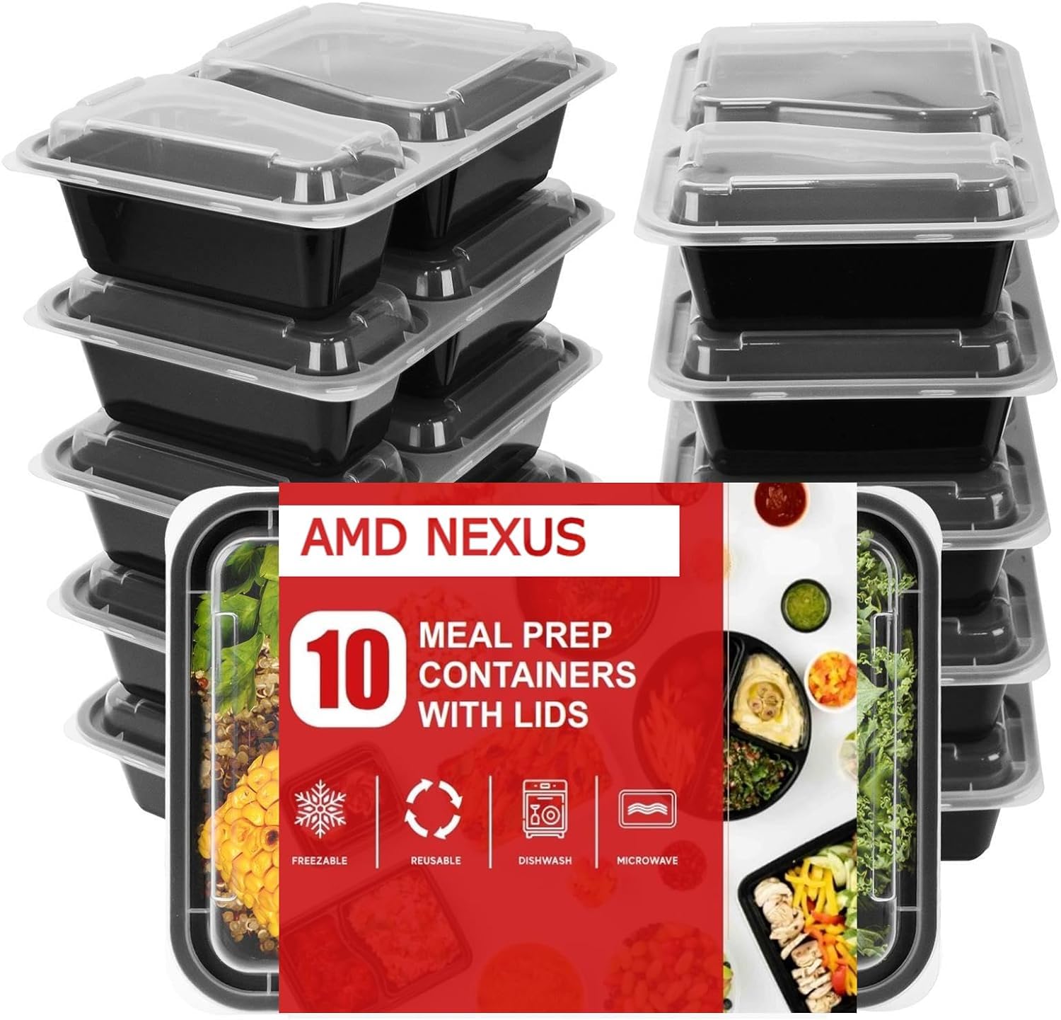 AMD Nexus (50 Pack, 32oz) 2 Compartment Plastic Meal Prep Containers - Reusable BPA Free Food Containers with Airtight Lids - Microwavable, Freezer and Dishwasher Safe