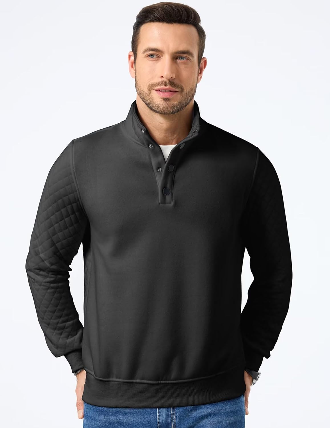 Quilted Sweatshirts for Men Quarter Button Pullover Sweater Casual Mock Neck Thermal Fleece Pullover Sweatshirt - Image 4