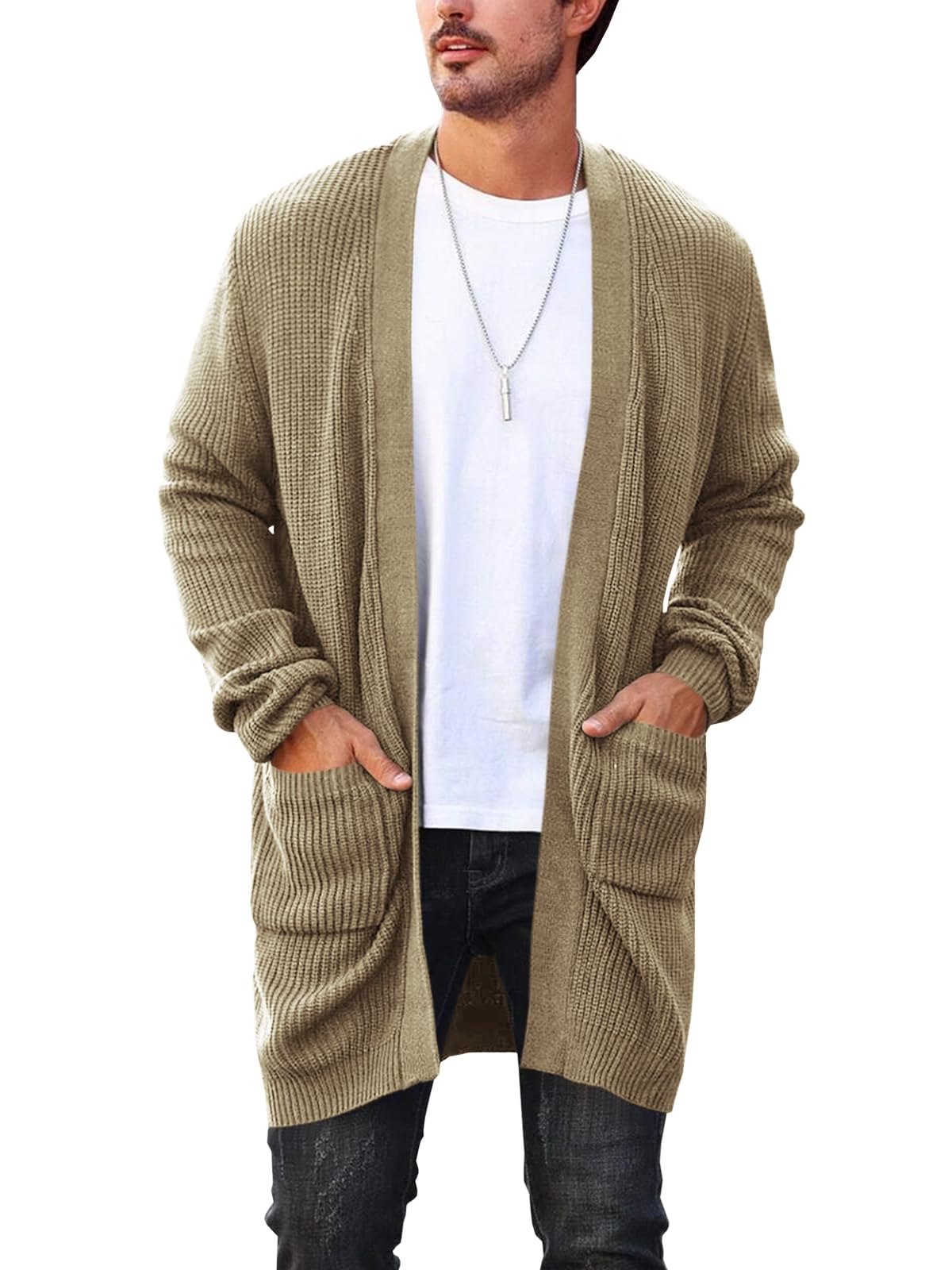 Mens Cardigan Sweater Casual Cable Knit V Neck Open Front Ribbed Long Winter Sweaters, Army Green, Medium-image-34