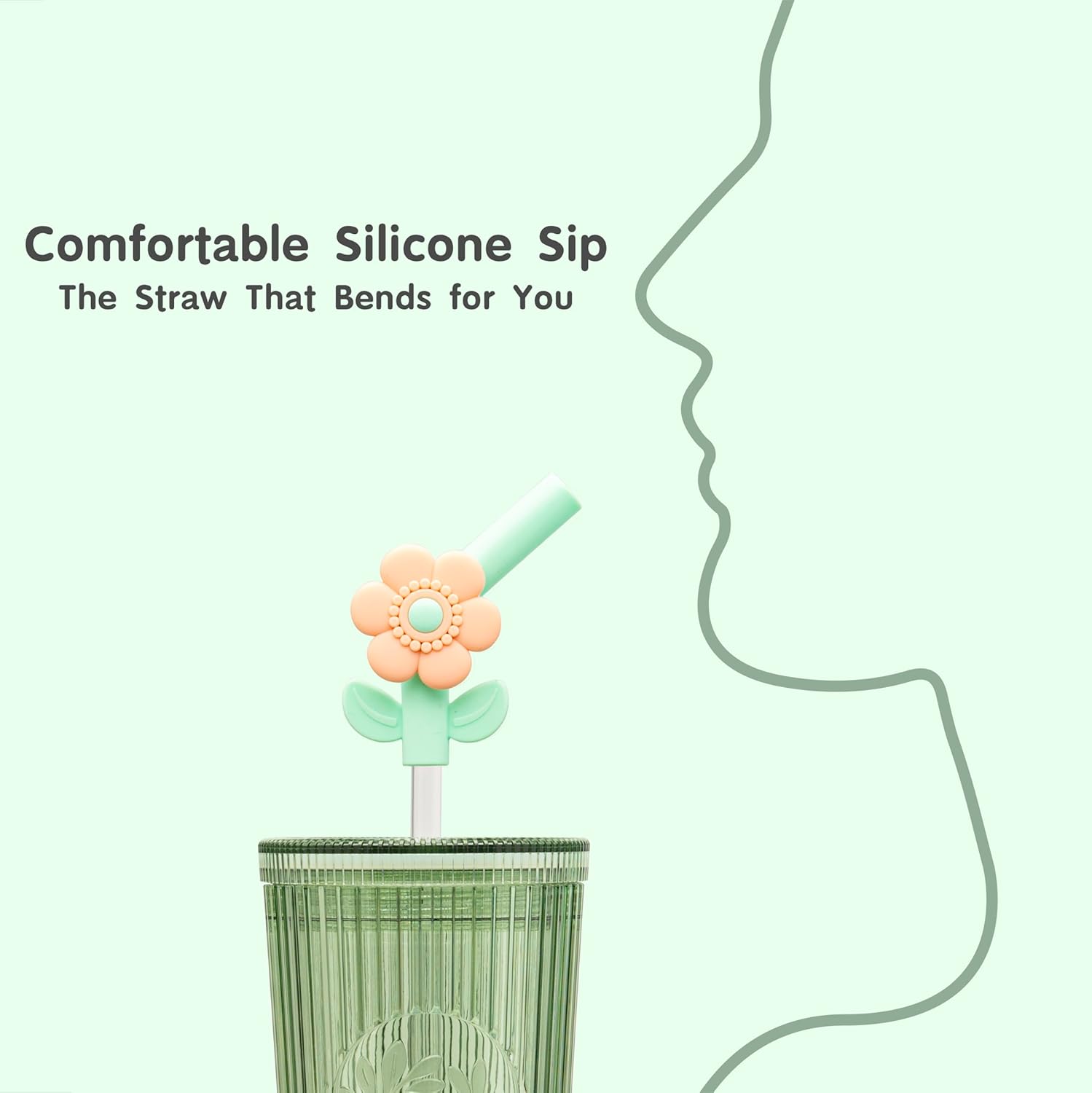 Bzyoo 26oz BPA Free Tumbler with Straw & Lid - Cute Flower Silicone Straw Tips, Liner Grip Design for Easy Hold, Personalized & Unique Elbow Shape - Perfect for Office, and Everyday Use (color: Green) - Image 8