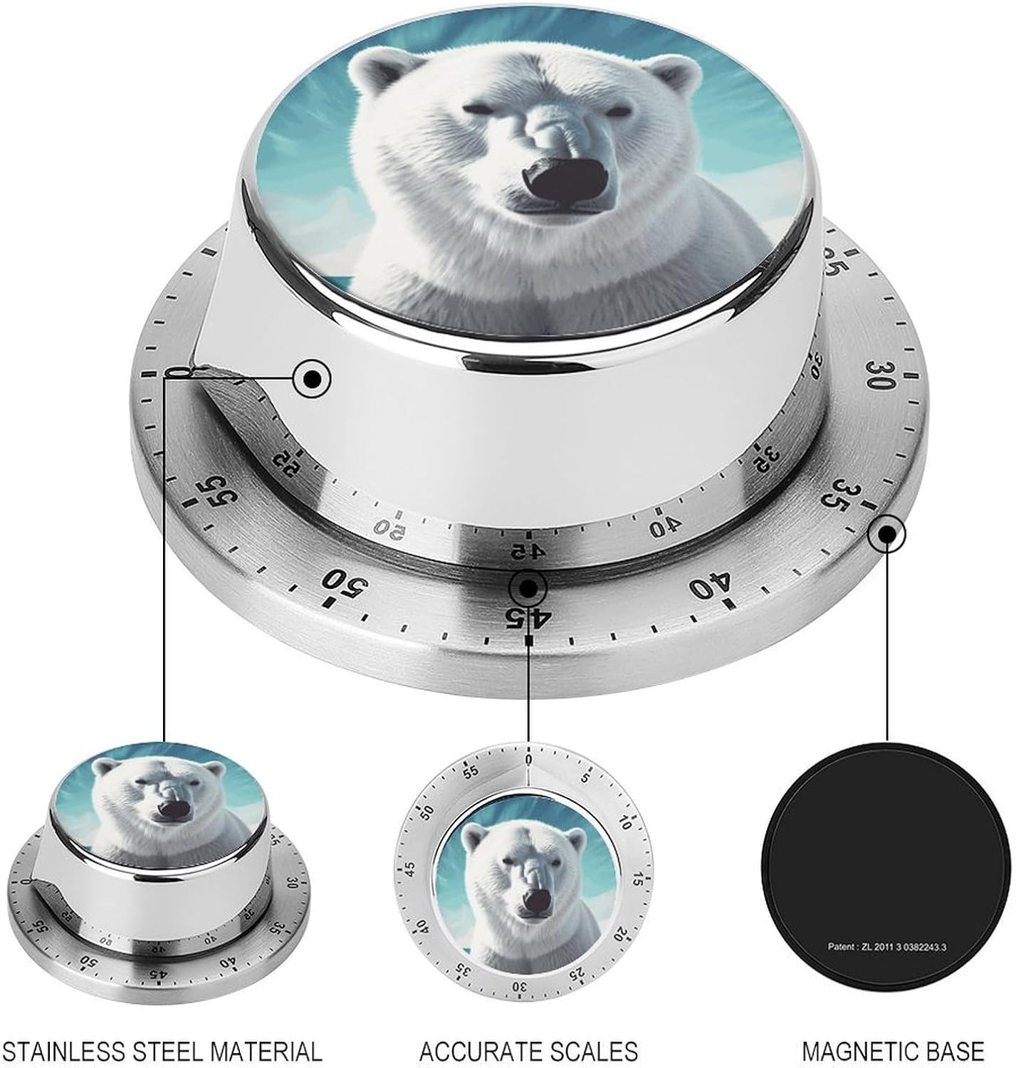 Polar Bear Stainless Steel Timer, Kitchen Timer with Magnetic Base, Countdown Timers for Gym, Office, Cooking, Baking, Jogging