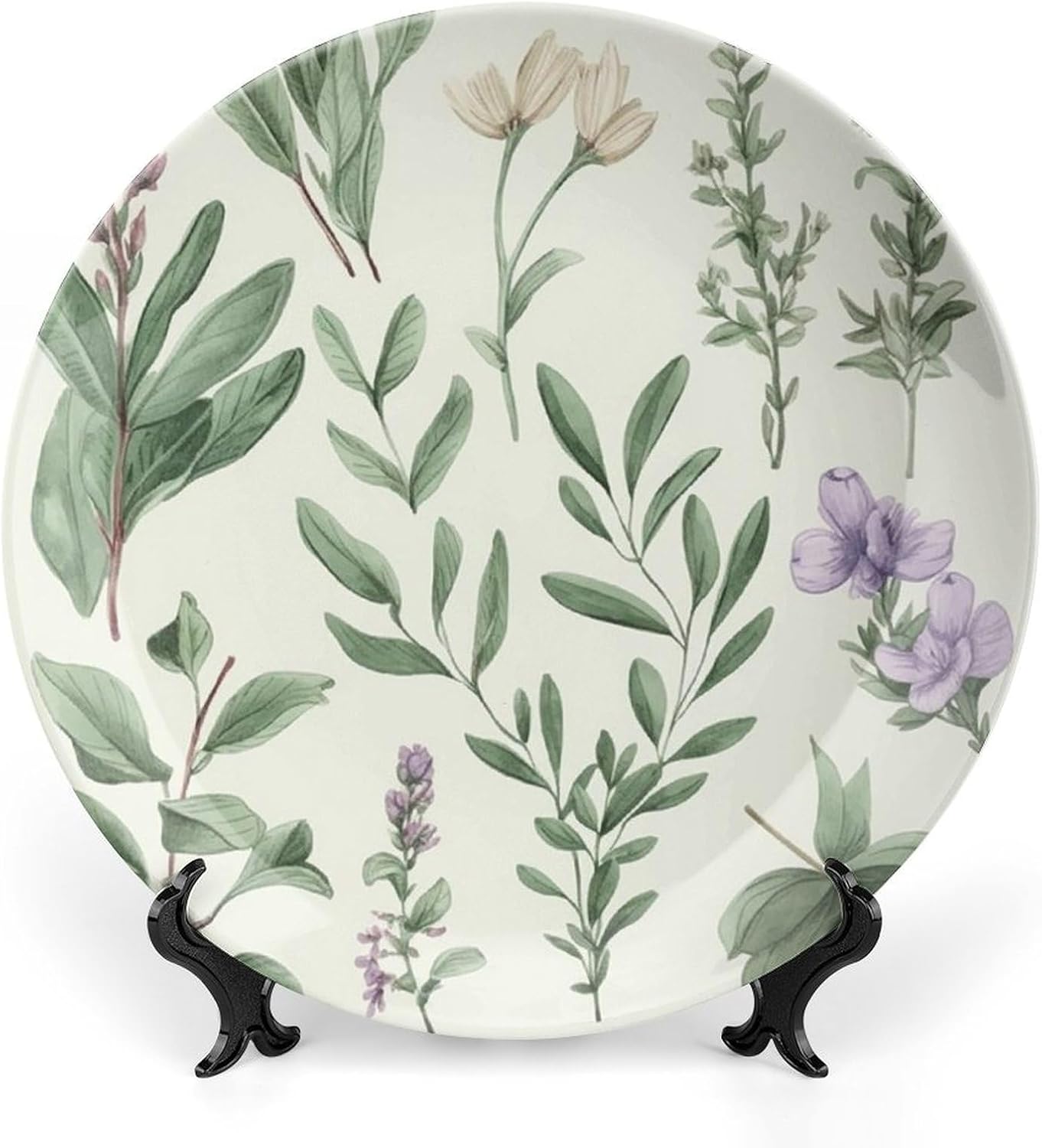 Ceramic Decorative Plate Green Leaves And Branches Printed Bone China Decorative Plate Decorative Plate Crafts Ceramic Dinner Plate with Stand for Home Kitchen Bedroom 8inch