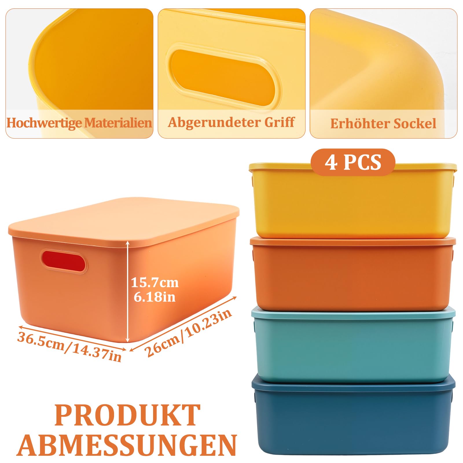 4Stk 15.5L Bunt Kunststoff Aufbewahrungsbox mit Deckel, 36.5x27.5x15.5cm Stapelbare Aufbewahrungsbehälter in 4 Farben, Kunststoffbox Organizer Box für Regale, Küche, Badezimmer, Büro