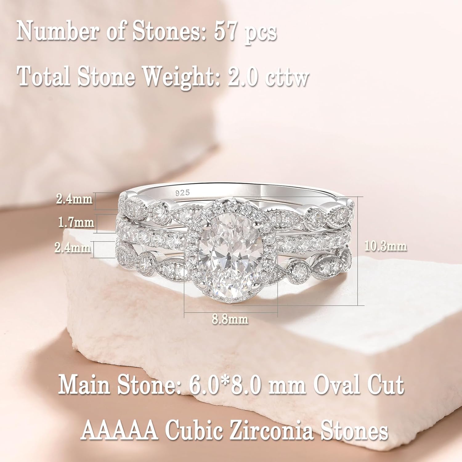 Newshe Jewellery Cubic Zirconia Engagement Sets Wedding Rings for Women 925 Sterling Silver Bridal Set 3pcs White Anniversary Band Promise Size 4-13 - Image 4