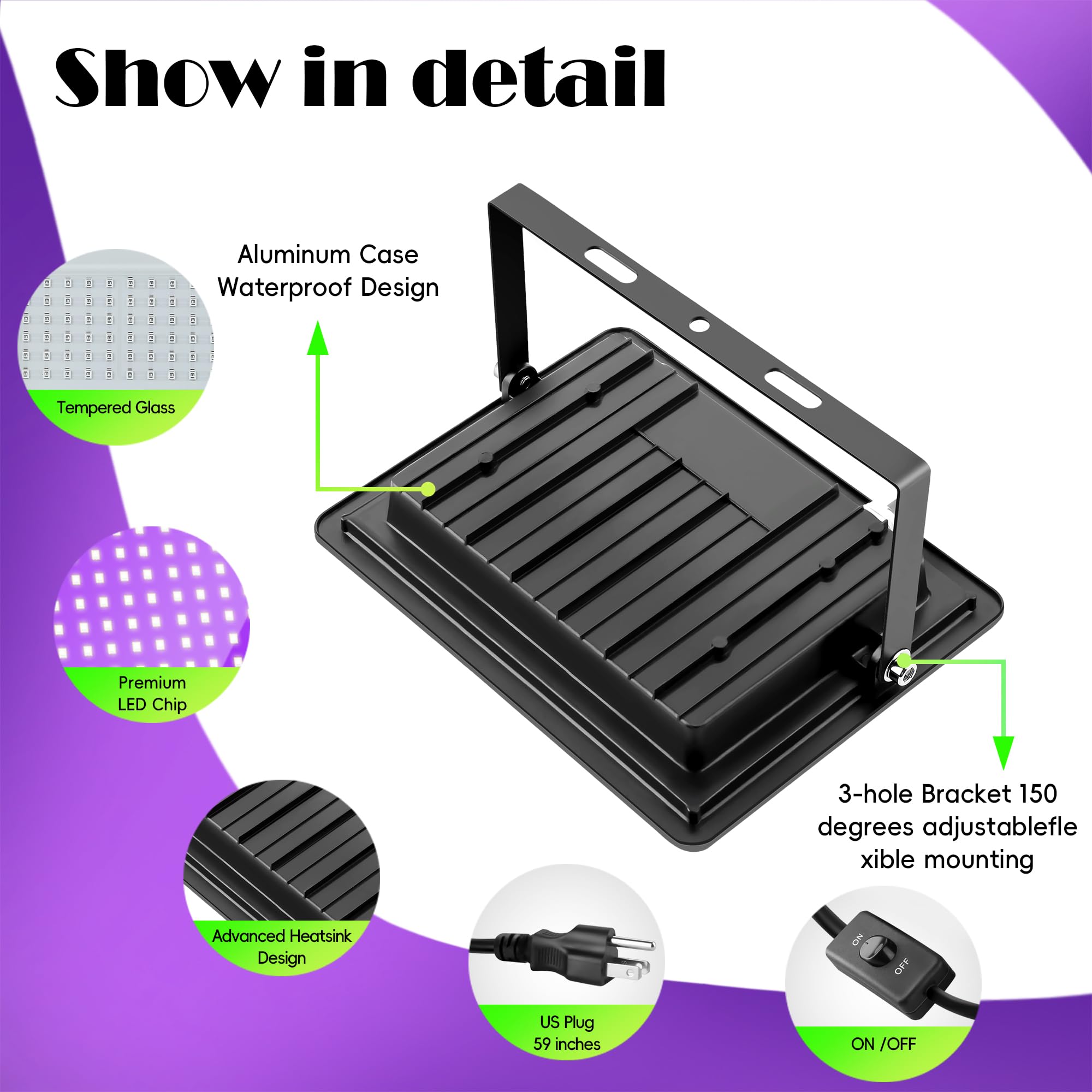 Gopretty 4 Pack 100W LED Black Lights, Blacklight Flood Light with Plug & Switch, IP66 Outdoor Waterproof Blacklight for Halloween Party, Stage Light, Body Paint, Neon Glow 110V~265V AC