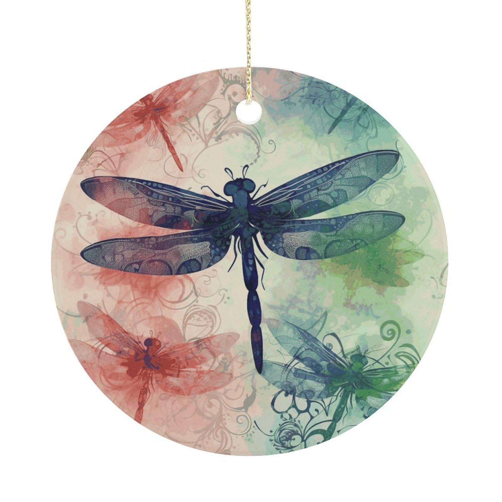 Modern Dragonfly Christmas Ornaments Colorful Round Ceramic Ornament Christmas Hanging Decor Christmas Tree Decorations Xmas Keepsake for Women Men Xmas Holiday Party
