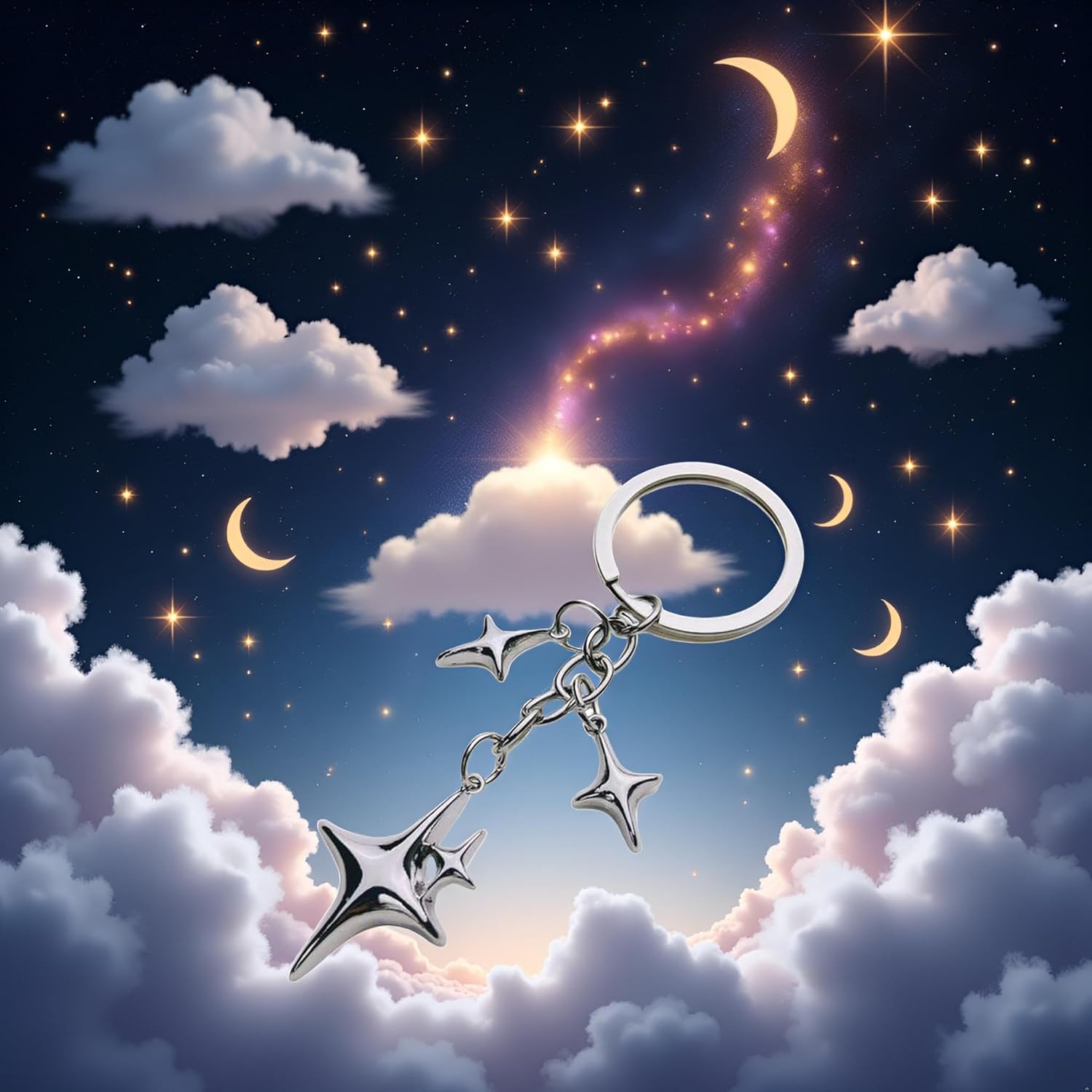 1Pc Silver Cute Star Moon KeychainStainless Steel Key Ring Purse Handbag Backpack Bag Charms Car Holder Convenient to Carry Decoration Small in Size,Keyrings Aesthetic Accessories - Image 3