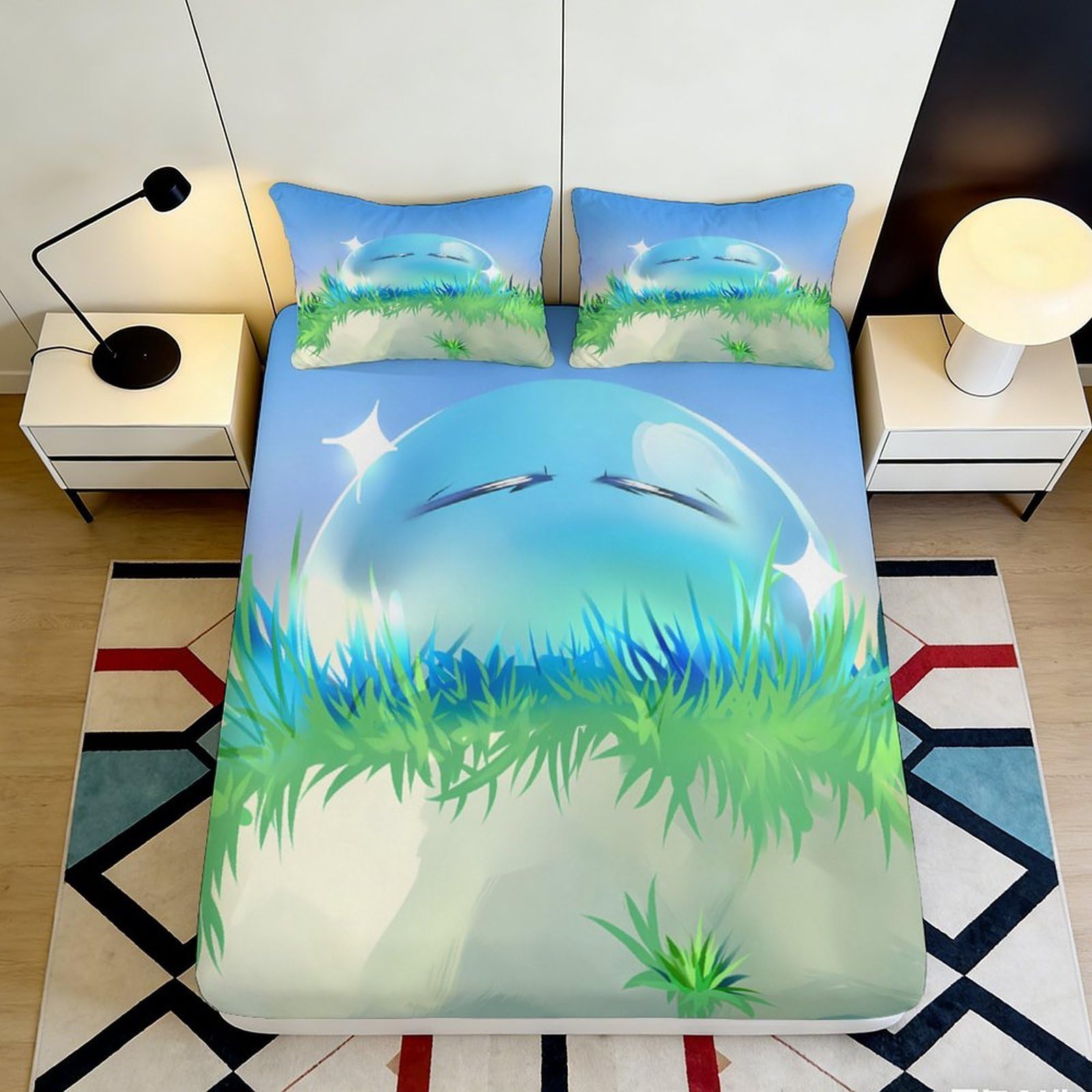 Jqzkxnhpbr Style-4 3D Printed Blue Slime Grass Fitted Sheet Microfiber Soft Breathable Cartoon Meadow Bed Cover For Bedroom Guest Room Decor 90X200x25cm