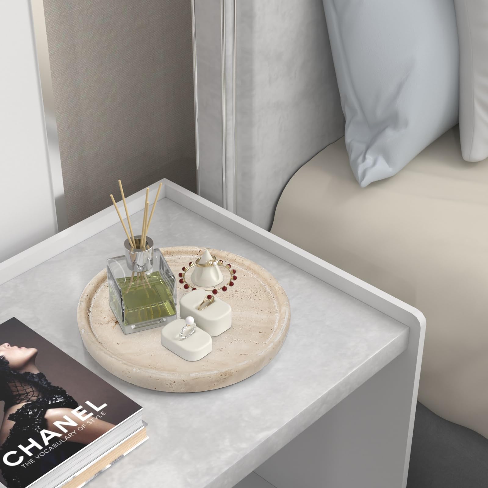 Travertin-Tablett, kleines Keramik-Schminktablett für Badezimmer-Thekendekoration, runde Marmor-Tabletts für Couchtisch (Beige, mittlere Größe)