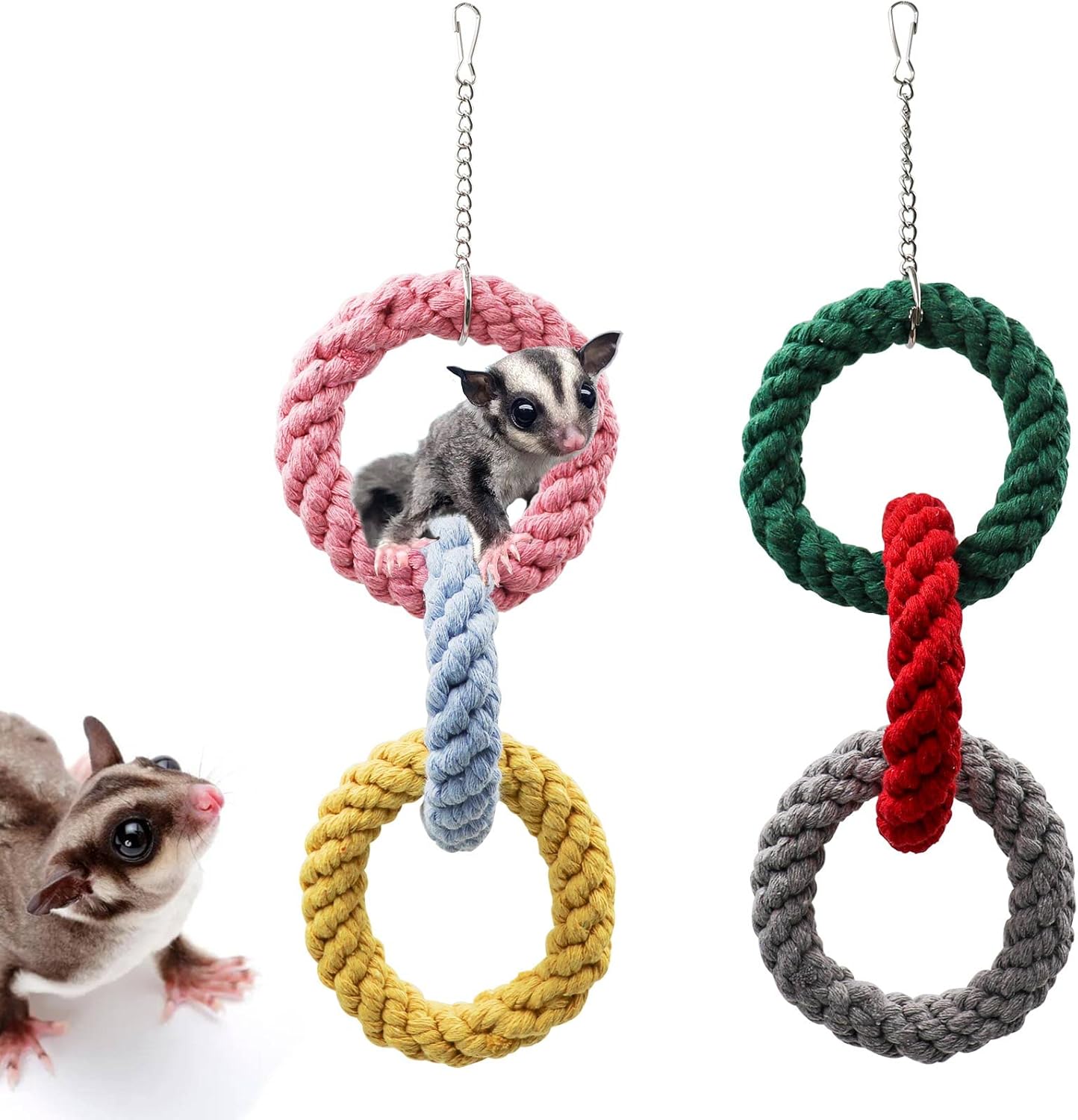 2 Pack Sugar Glider Hanging Three-Ring Climbing Toys, Colorful Sugar Glider Swing Toys, Sugar Glider Hamster Rats Toys, Cage Accessories for Sugar Glider Ferret Hamster Squirrel Chinchilla Parrots