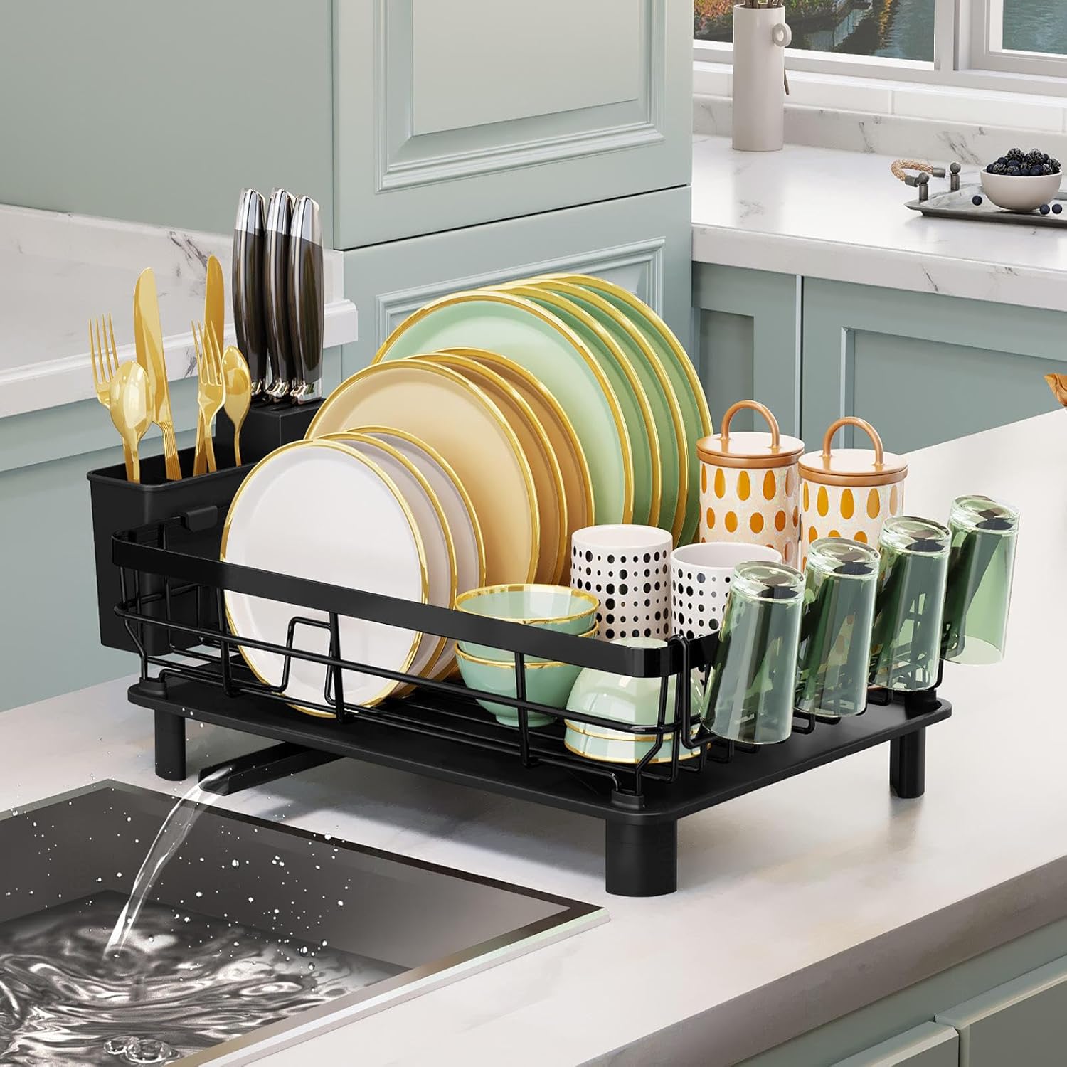 Dish Drying Rack, Dish Racks for Kitchen Counter, Compact Dish Drainer with Removable Utensil Holder& Cup Holder Auto Drainage System