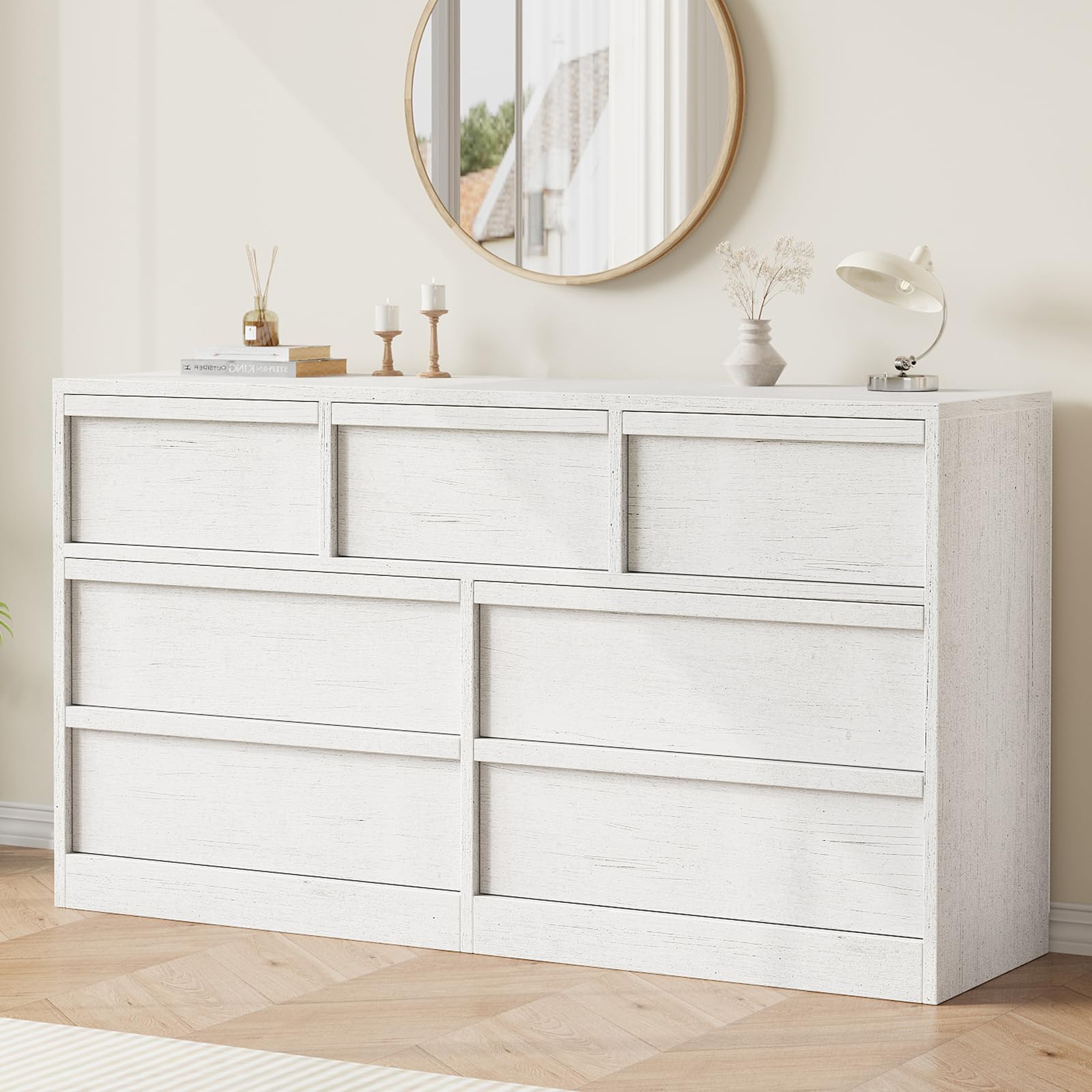 GarveeHome 7 Drawer Dresser for Bedroom, Antique White 7 Chest of Drawers with Large Storage Space, Wooden Dresser Organizer for Living Room, Nursery,
