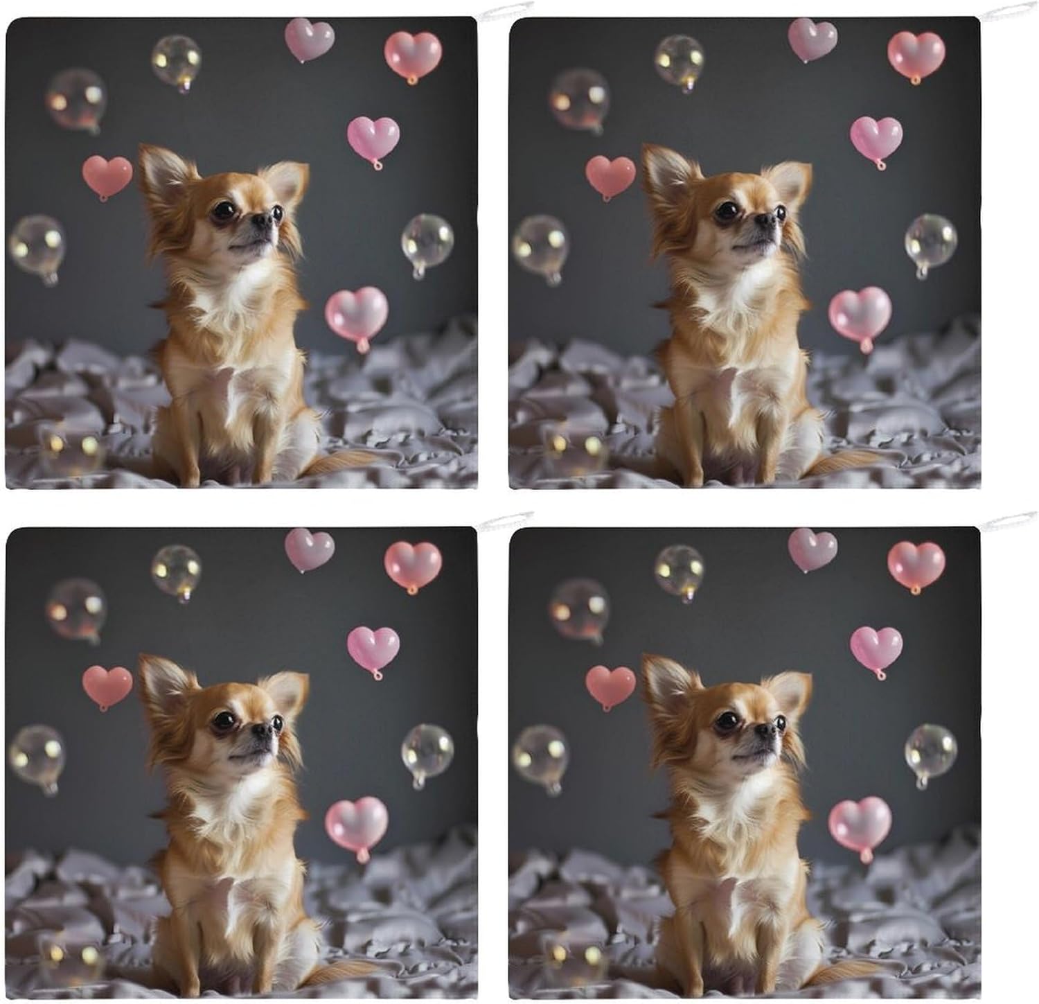 Chihuahua with Hearts Bubbles Hand Towels for Bathroom Kitchen Towels Small Towel Handkerchiefs with Hanging Loop 4PCS