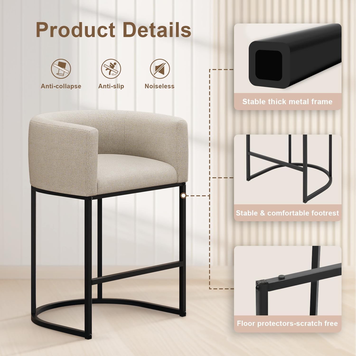 26" H Counter Height Bar Stools Set of 3, Modern Barrel Counter Stools with Backrest and Arms, Linen Fabric Upholstered Accent Barstools for Kitchen Island,Support 450 LBS (Beige)