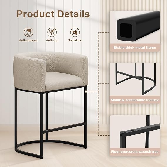 26 H Counter Height Bar Stools Set of 2, Modern Barrel Counter Stools with Backrest and Arms, Linen Fabric Upholstered Accent Barstools for Kitchen Island,Support 450 LBS (Beige)