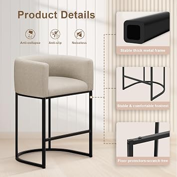 26 H Counter Height Bar Stools Set of 2, Modern Barrel Counter Stools with Backrest and Arms, Linen Fabric Upholstered Accent Barstools for Kitchen Island,Support 450 LBS (Beige)
