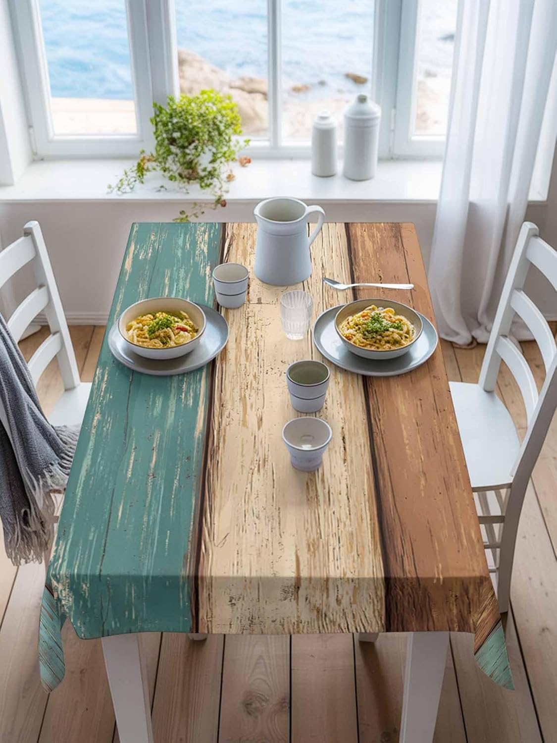 Teal Turquoise Tablecloth Waterproof Oil-proof Tablecloths, Retro Wood Green and Brown Outdoor Table Cloth Dining Table Cover Cloth for Kitchen Party Holidays Tabletop Rectangle Tablecloth 60x102 Inch