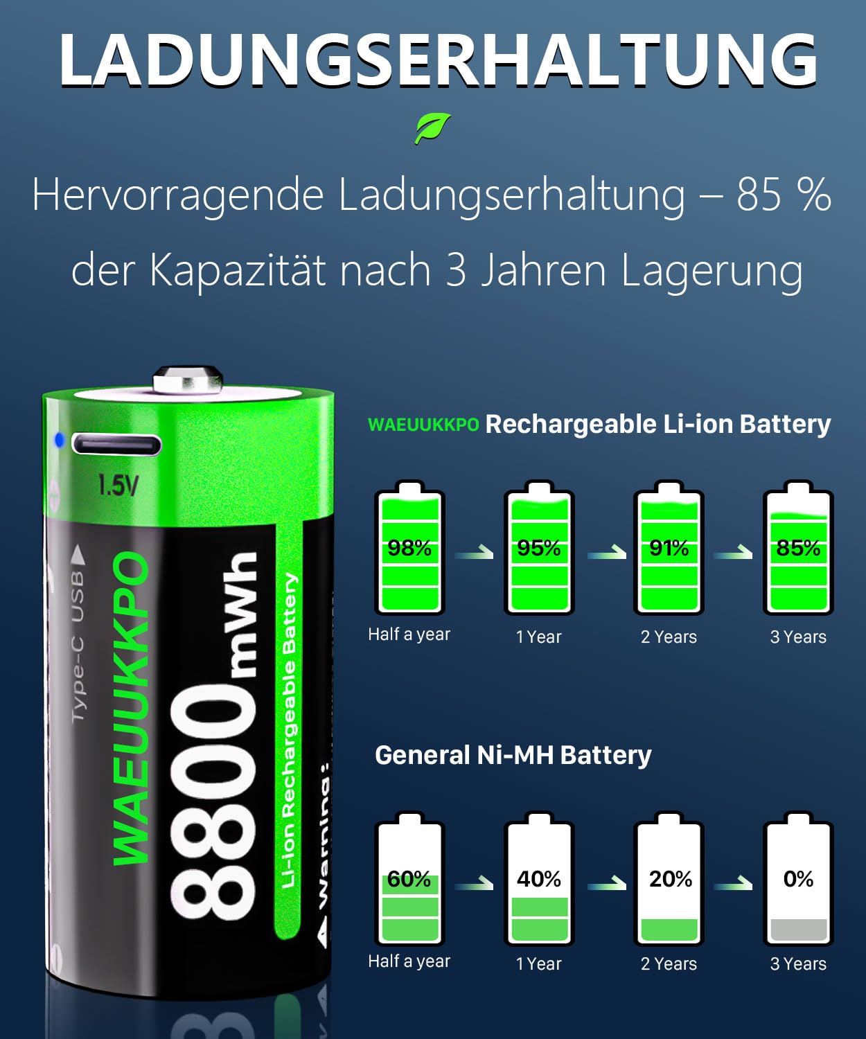 Batteria ricaricabile D, 8800 mWh, batterie al litio ad alta capacità, con cavo di ricarica USB-C, 1,5 V, dimensione D, LR20, batteria di ricambio per torcia, fotocamera, proiettore giocattolo (6